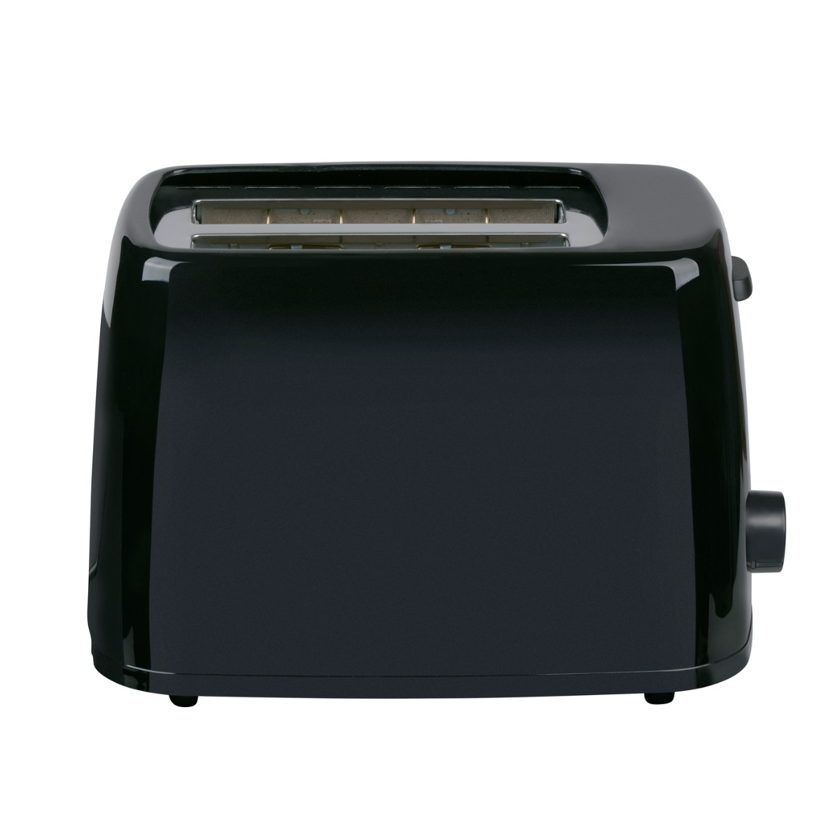 A black, two-slot toaster sits on a white background.