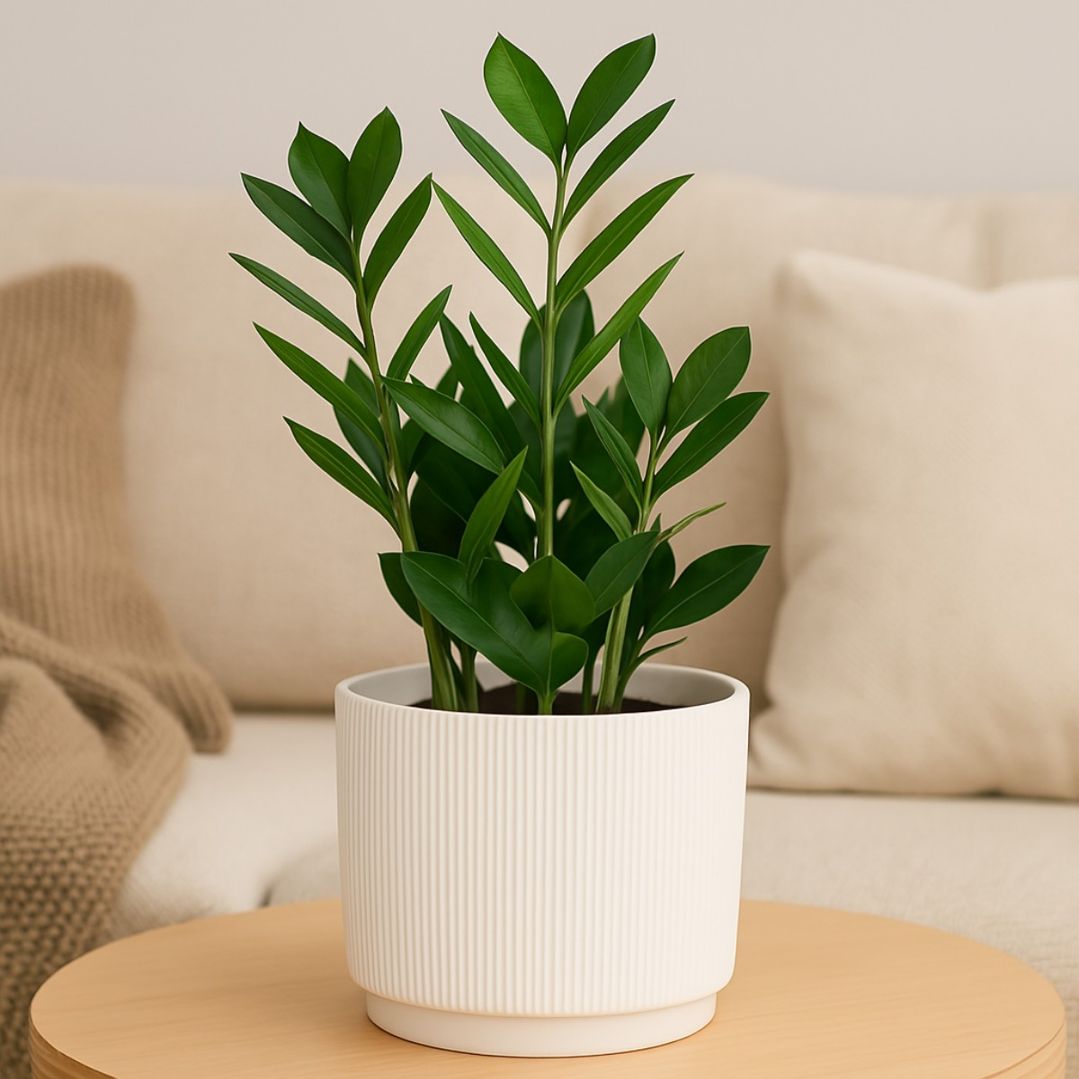 Green plant in a white pot on a wooden table, sofa in the background.