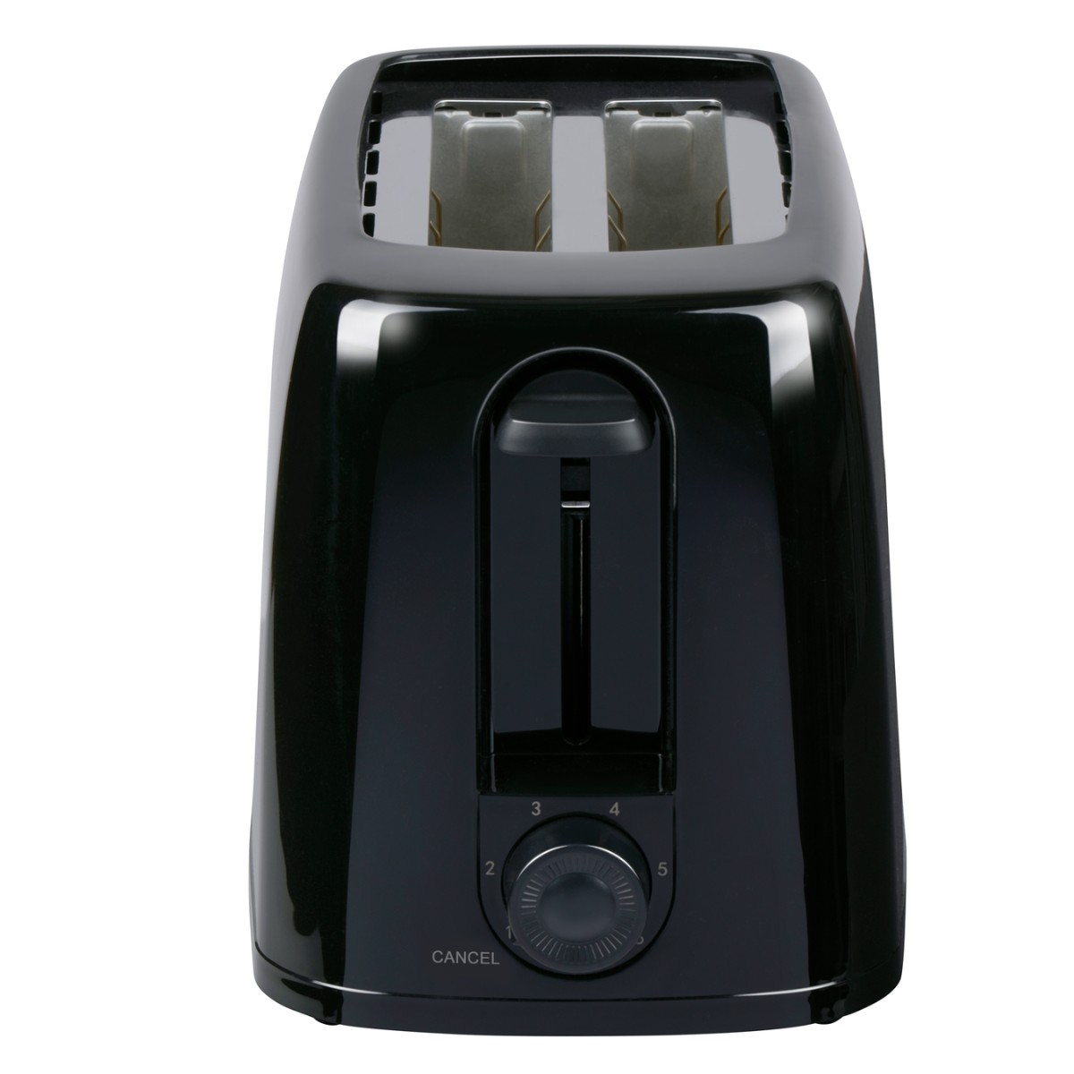 Black two-slice toaster with a dial control and lever.
