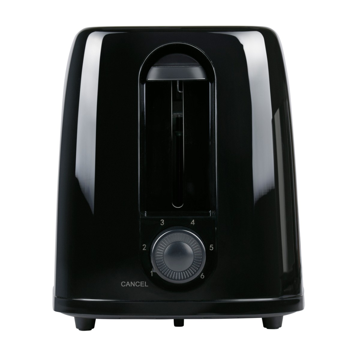 A shiny black toaster with a dial and CANCEL button.