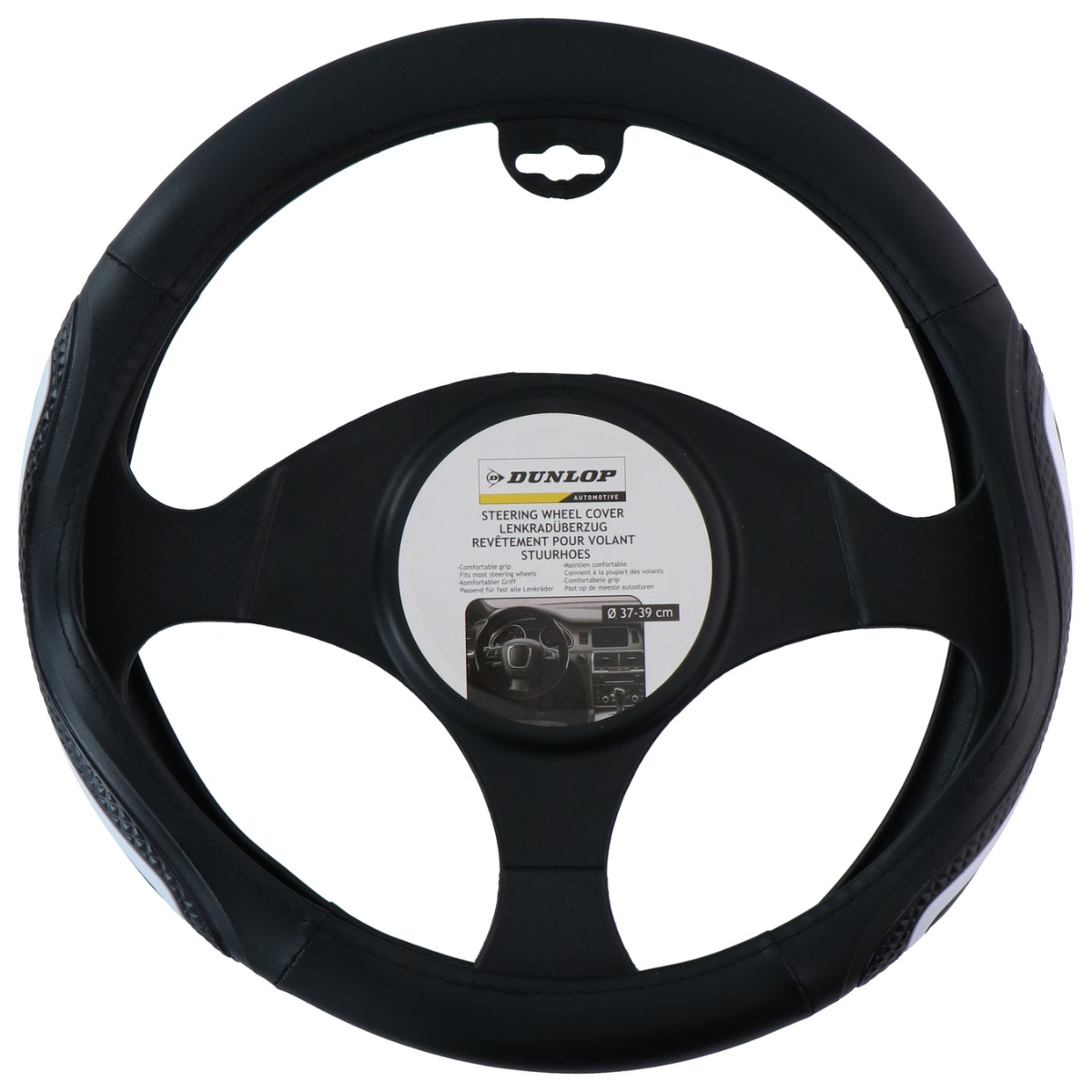 Zwarte Dunlop stuurhoes met wit patroon, diameter 37-39 cm.
