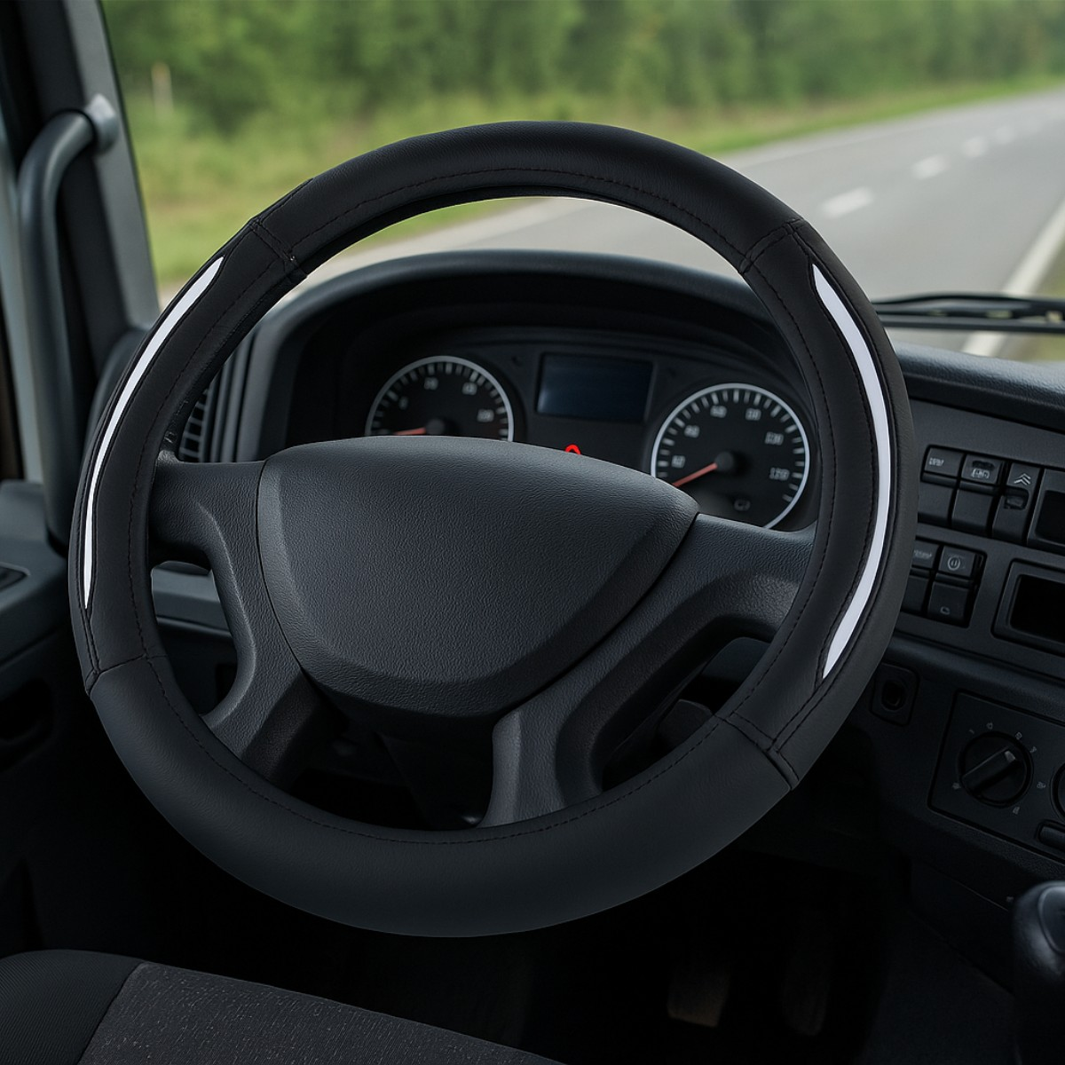 Zwart stuur met witte accenten op dashboard, uitzicht op de weg.