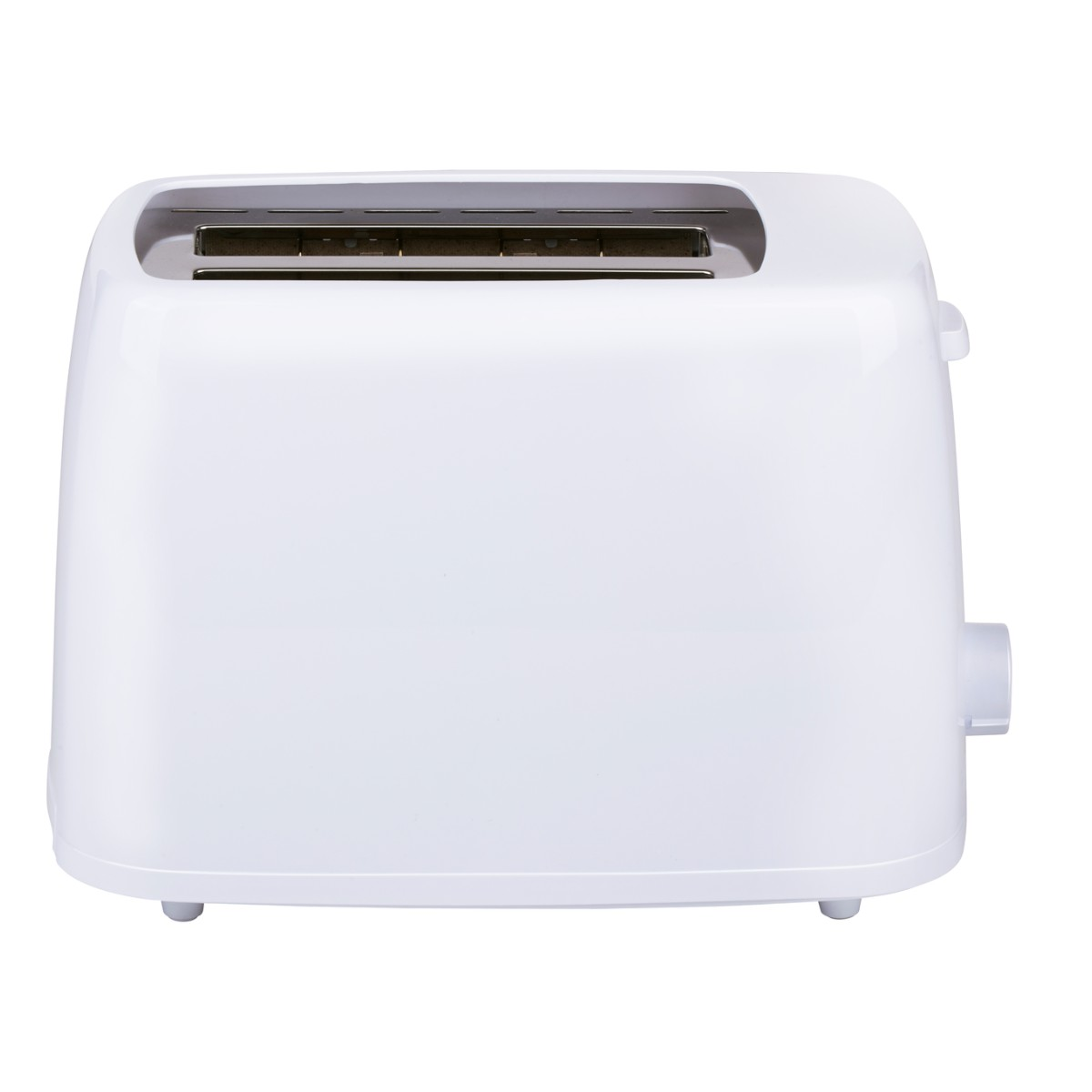 A white toaster with slots on top and a knob on the side.