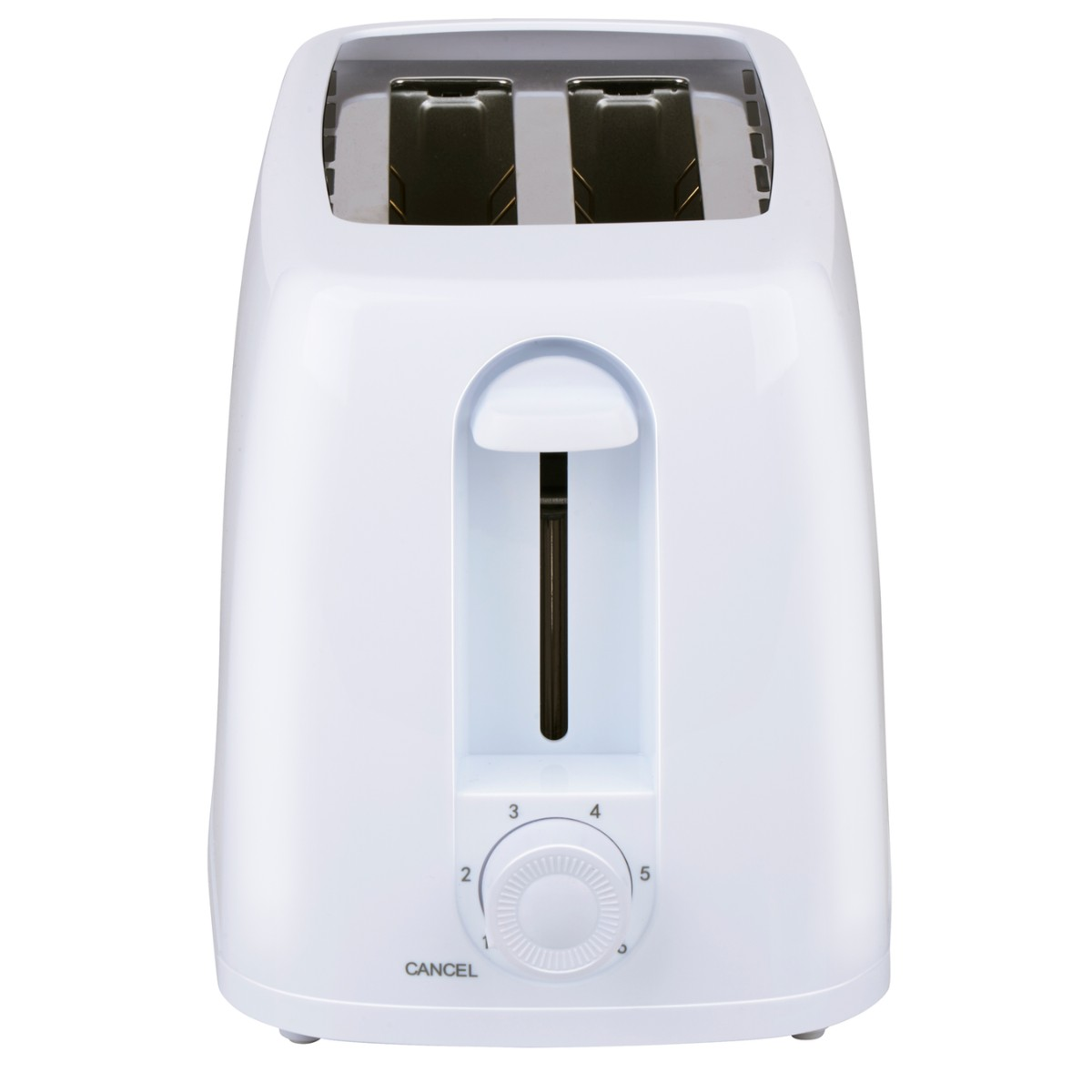 A white two-slice toaster with a lever and a rotary dial.