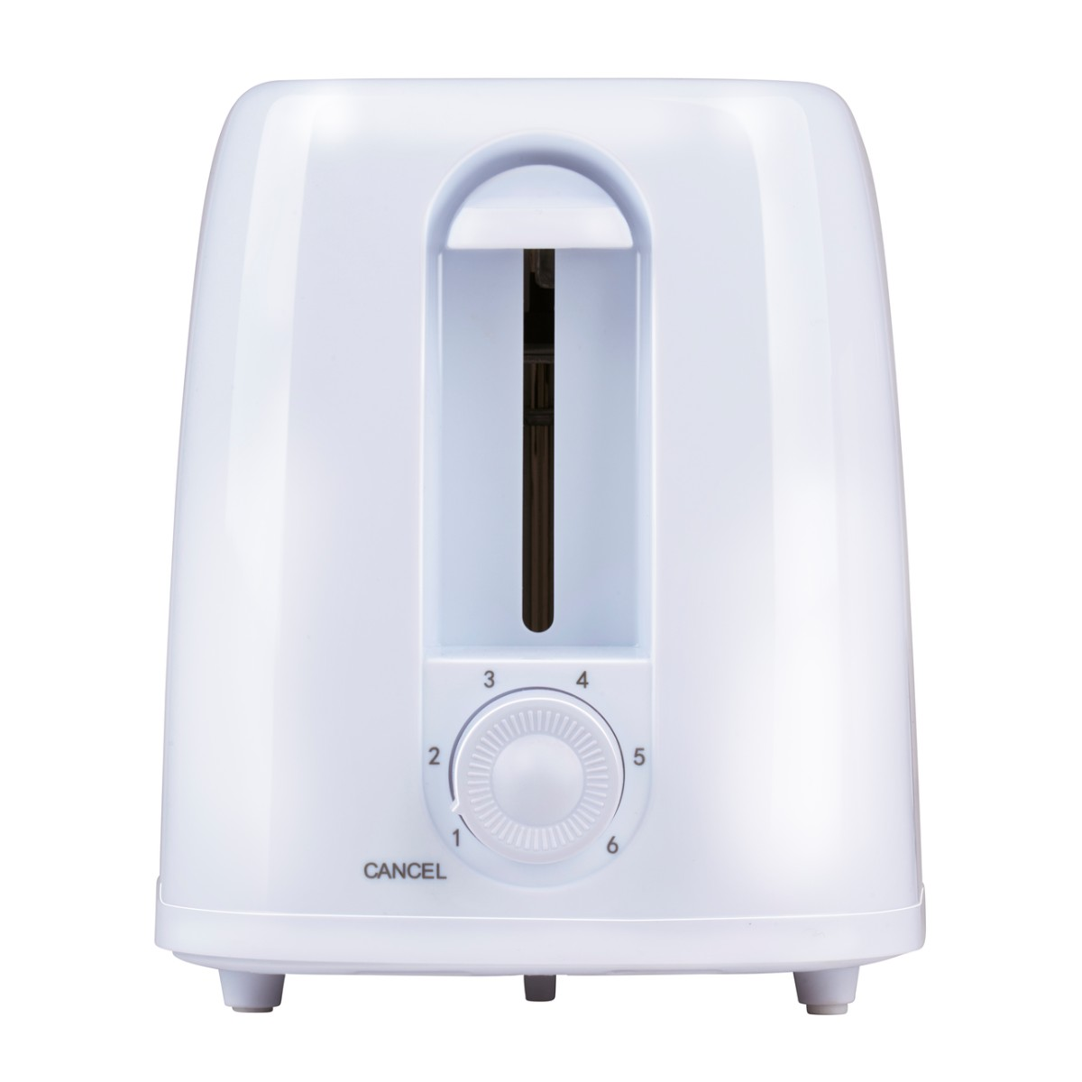 A white toaster with a control knob and a slot for bread.