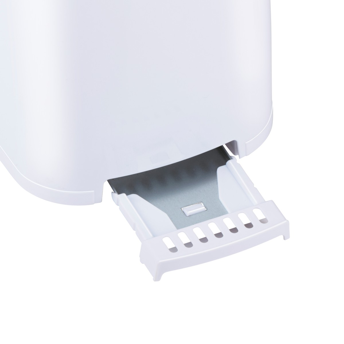 Close-up of a white toaster's pull-out crumb tray.