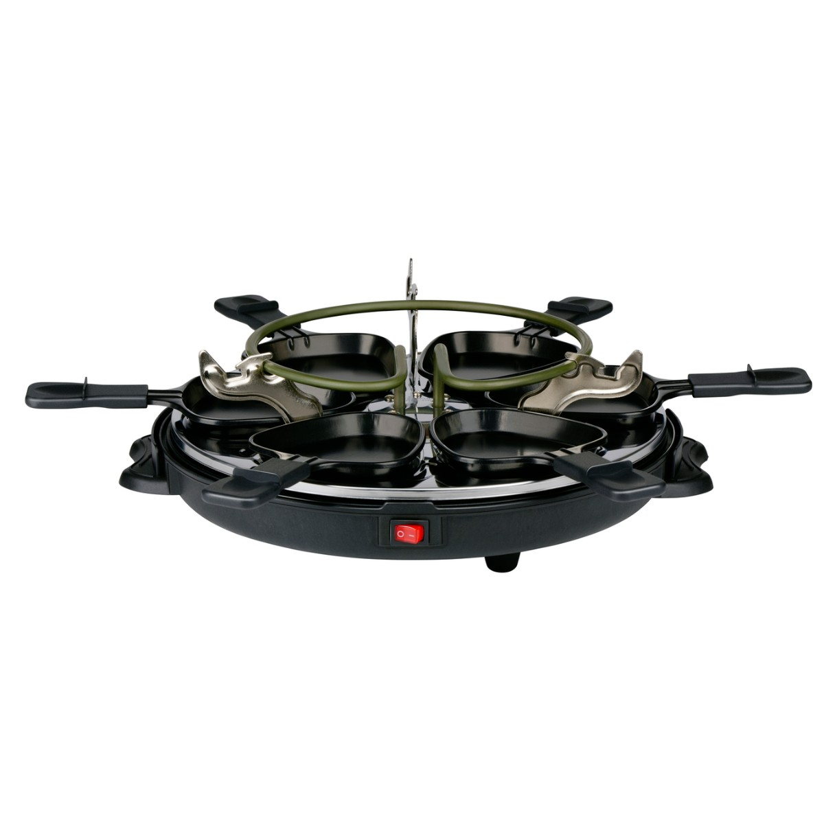 Een zwarte elektrische raclette grill met vier anti-aanbakpannen en een rode aan/uit-schakelaar.