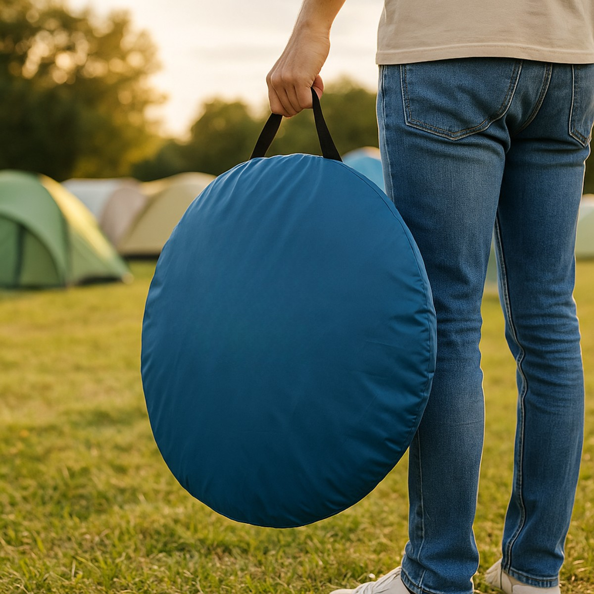 Eine Person mit Jeans hält eine blaue runde Tasche in einem Campingfeld.