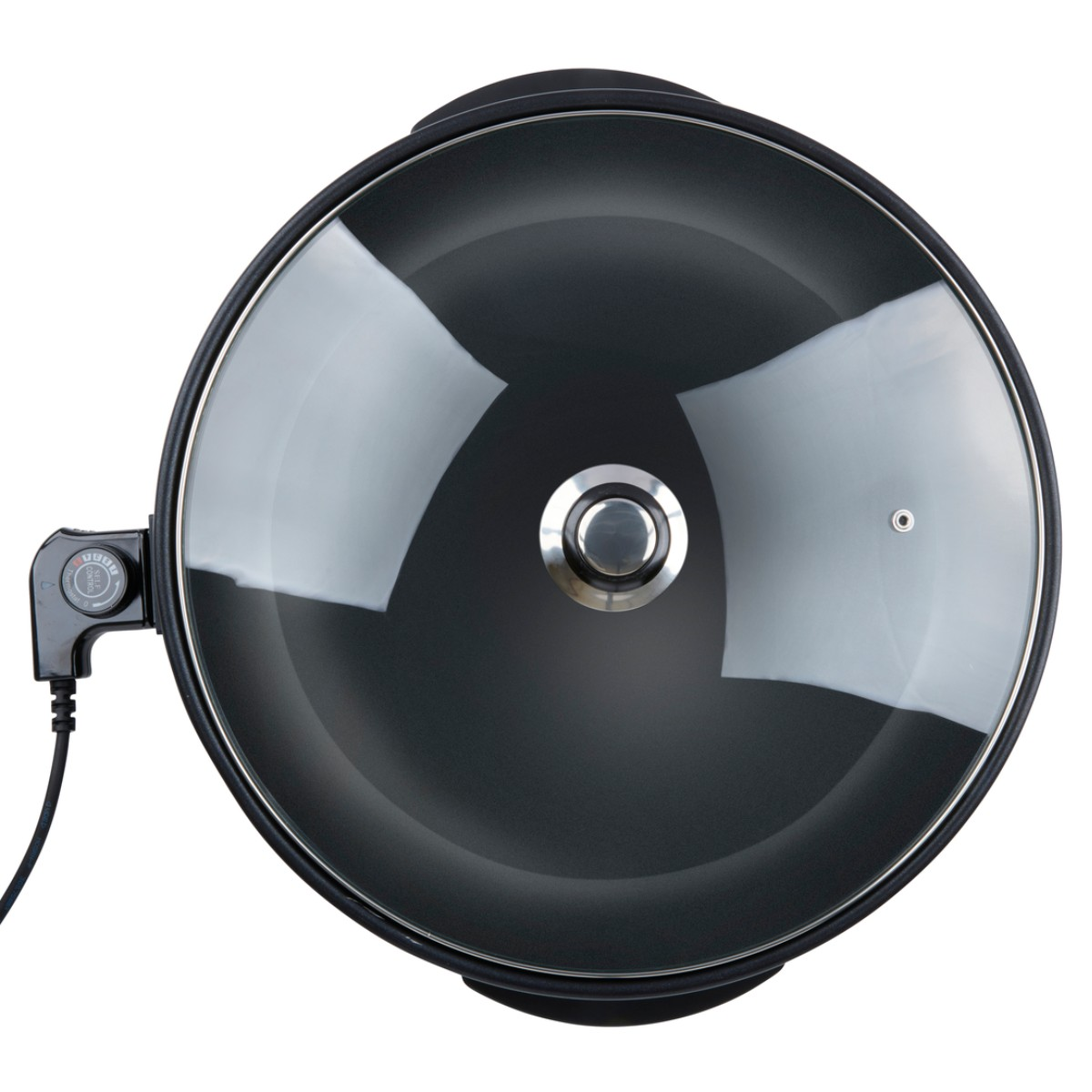 Eine schwarze elektrische Pfanne mit Glasdeckel und Temperaturregler.