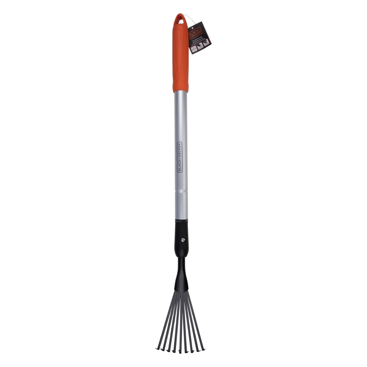 Un râteau de jardin extensible Black+Decker avec un manche orange et des dents noires est centré sur un fond blanc.