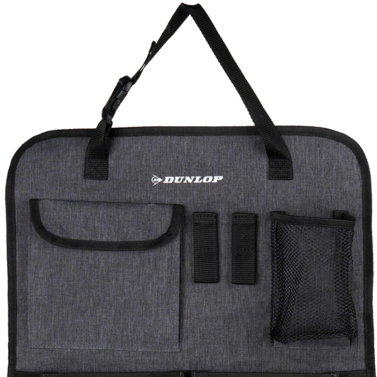 Grijze Dunlop auto-organizer met vakken en riem.