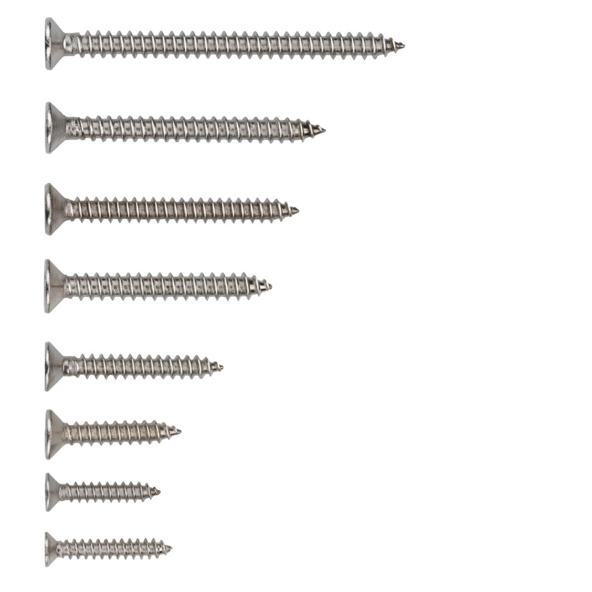Huit vis métalliques de tailles variées disposées horizontalement sur fond blanc.