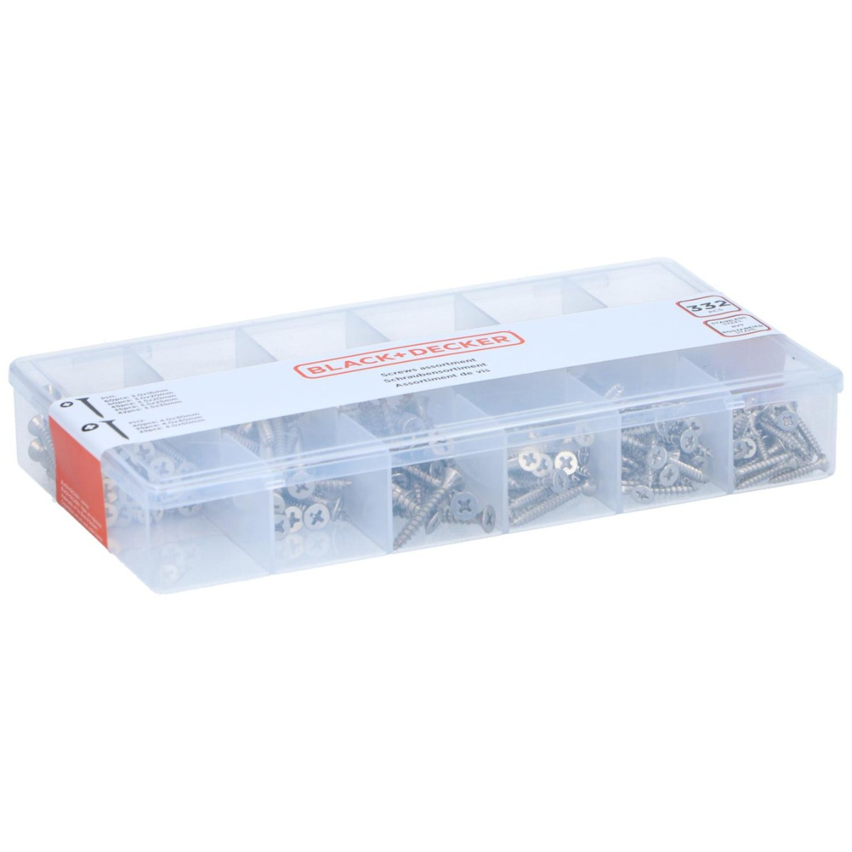 Boîte de rangement en plastique transparent Black+Decker, remplie de vis assorties dans plusieurs compartiments.