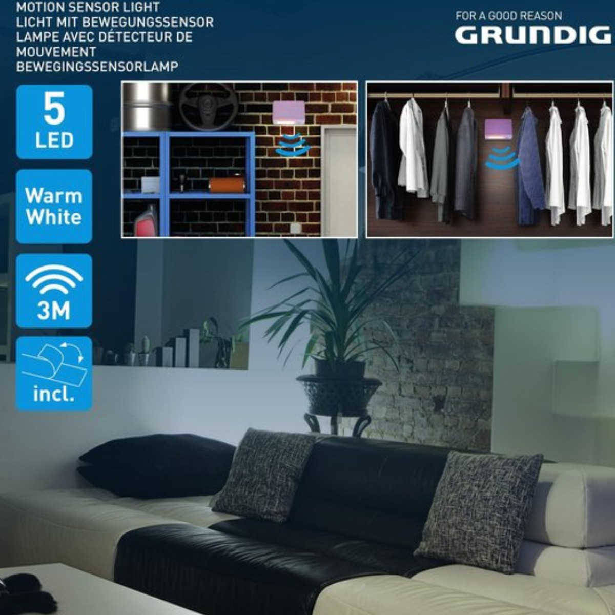 Grundig motion sensor light: 5 LEDs, warm white, 3M range.