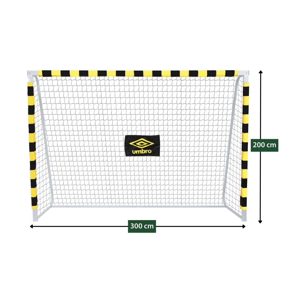 Ein Fußballtor mit Netz, 300 cm breit und 200 cm hoch. Gelb-schwarze Markierungen.