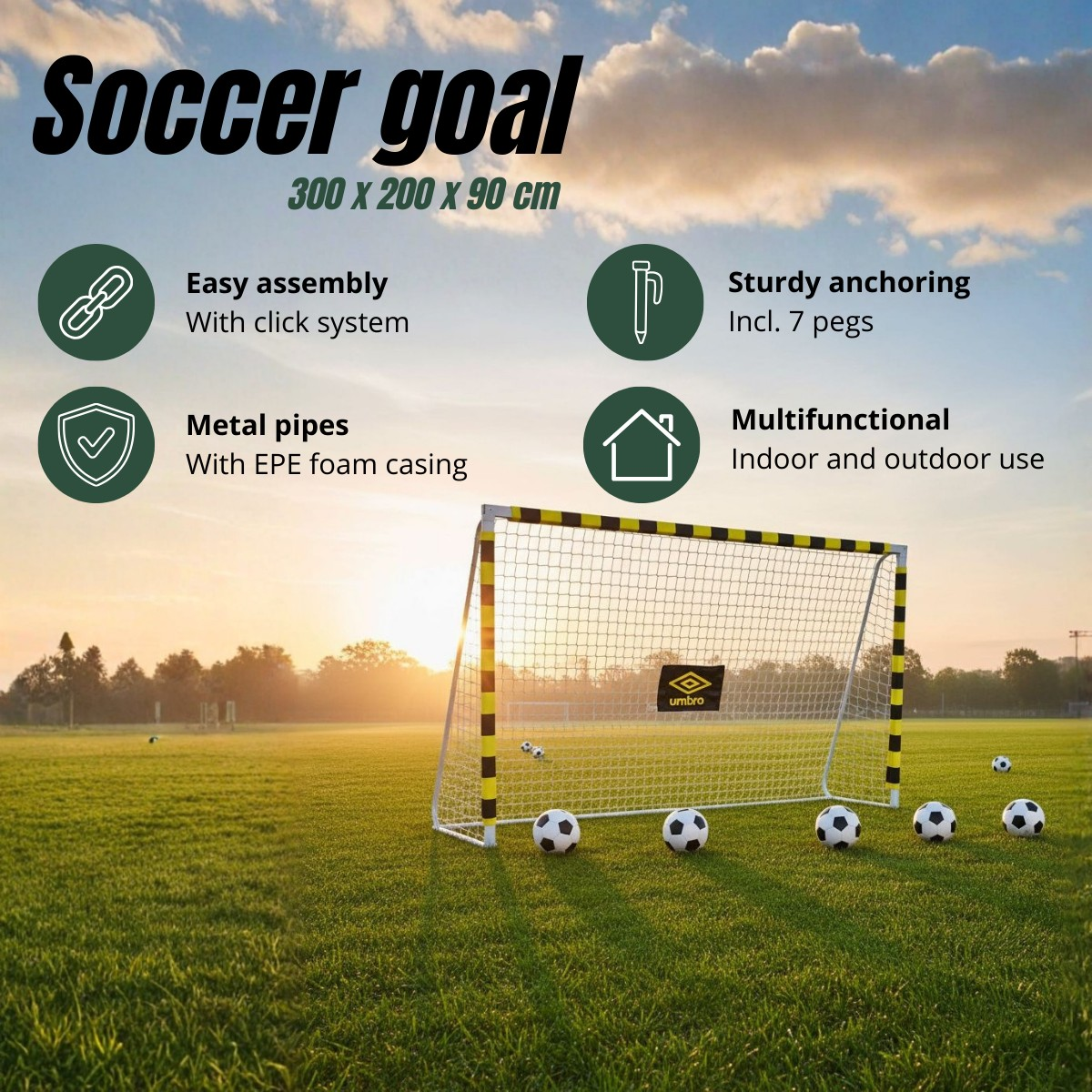 A soccer goal on a green field with multiple balls.