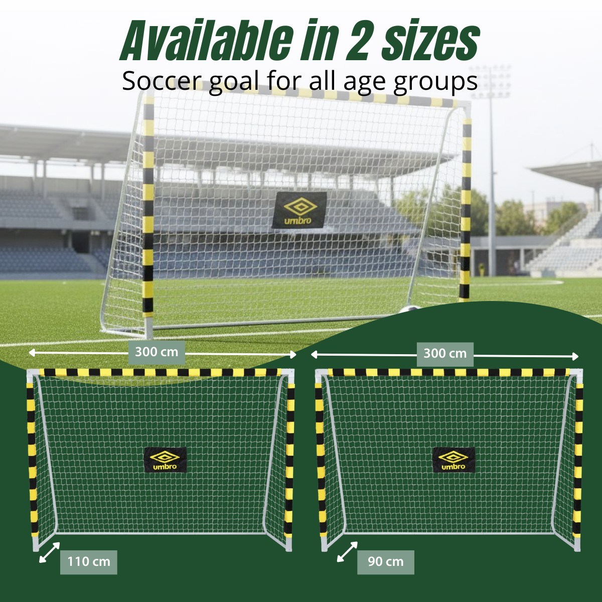 Zwei Umbro-Fußballtore gezeigt: eines 300cm breit, das andere 110cm und 90cm hoch.