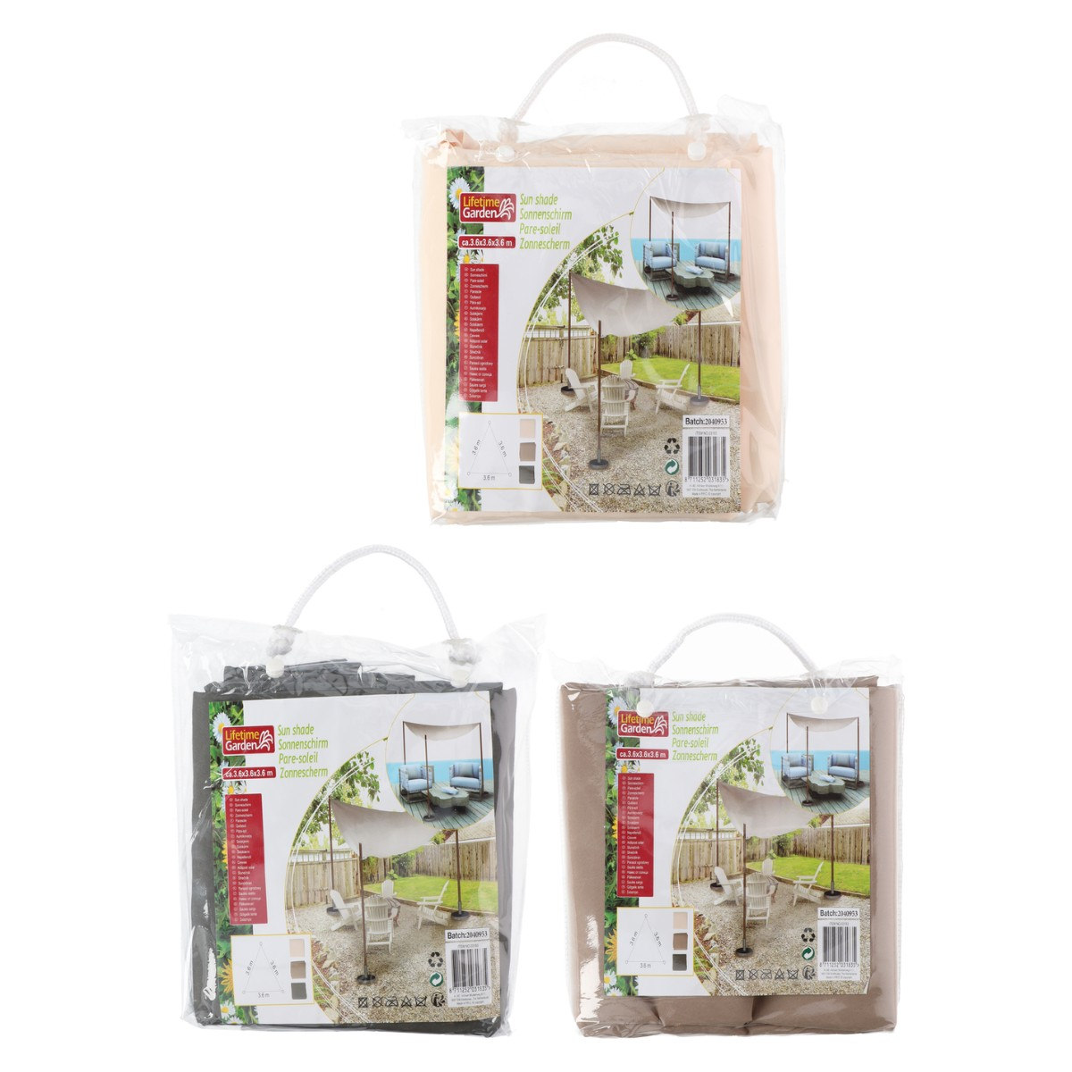Three packaged sun shades in beige, grey, and brown colors.
