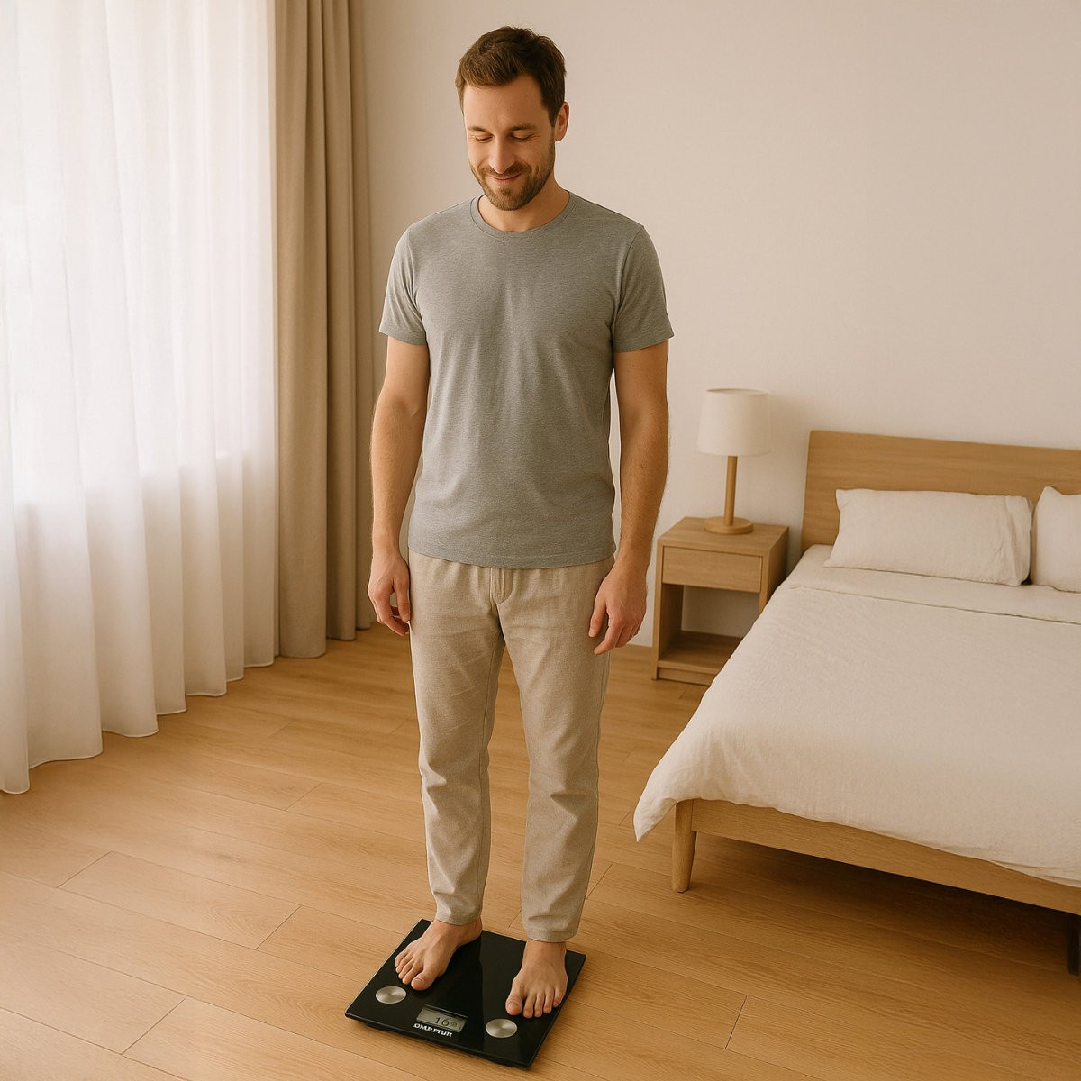 Un homme en t-shirt gris se tient sur une balance numérique dans une chambre.