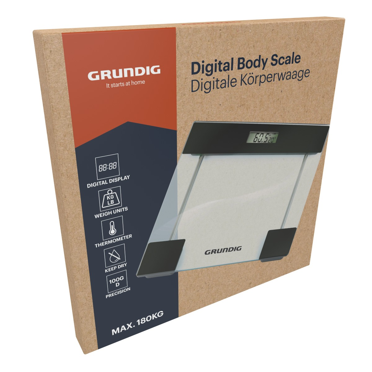 Emballage d'une balance corporelle numérique Grundig avec écran noir et surface en verre.
