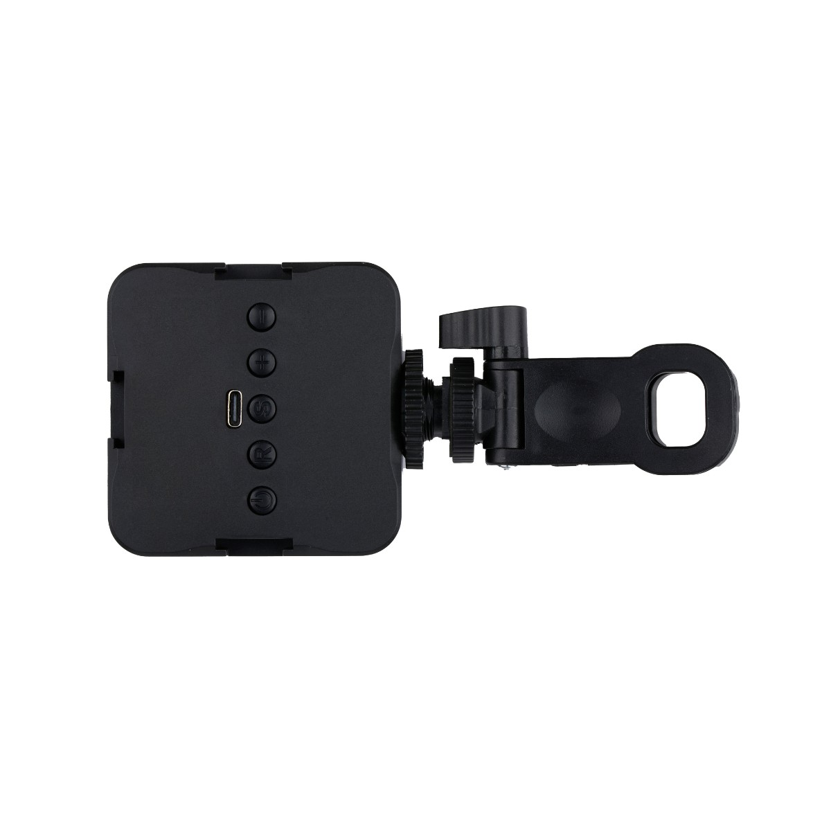 Zwart camera-accessoire met knoppen en USB-poort.