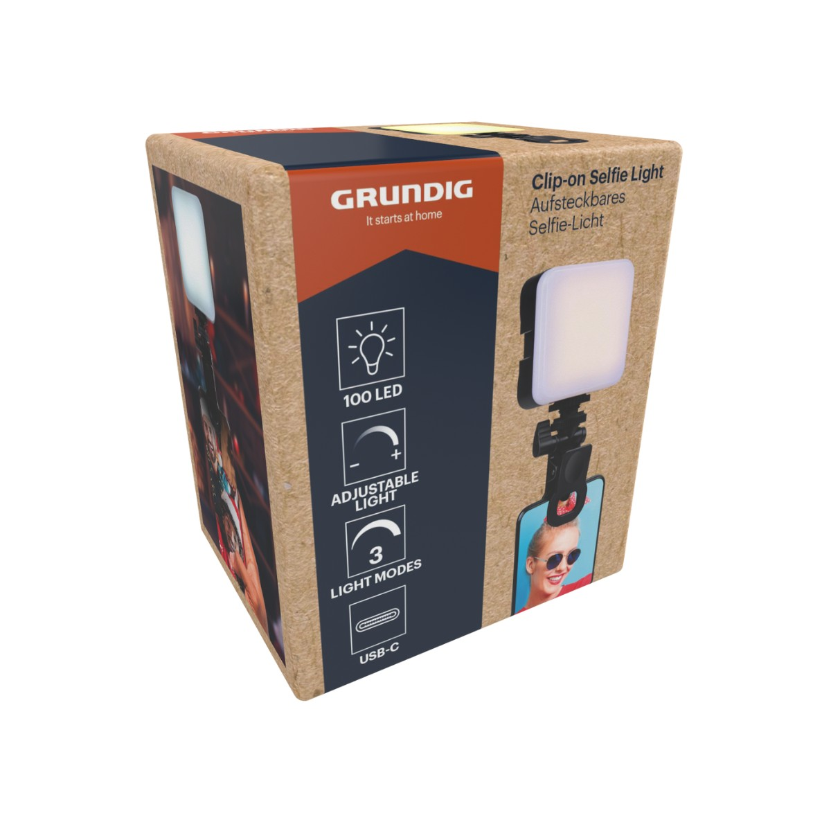 Grundig selfie licht doos: 100 LED, instelbaar, 3 modi, USB-C.