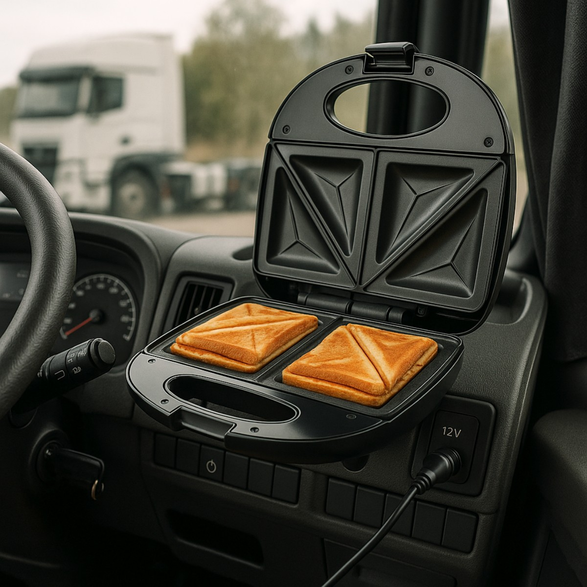 Grille-pain à sandwichs avec deux sandwichs dans la cabine d'un camion, avec un camion à l'arrière.