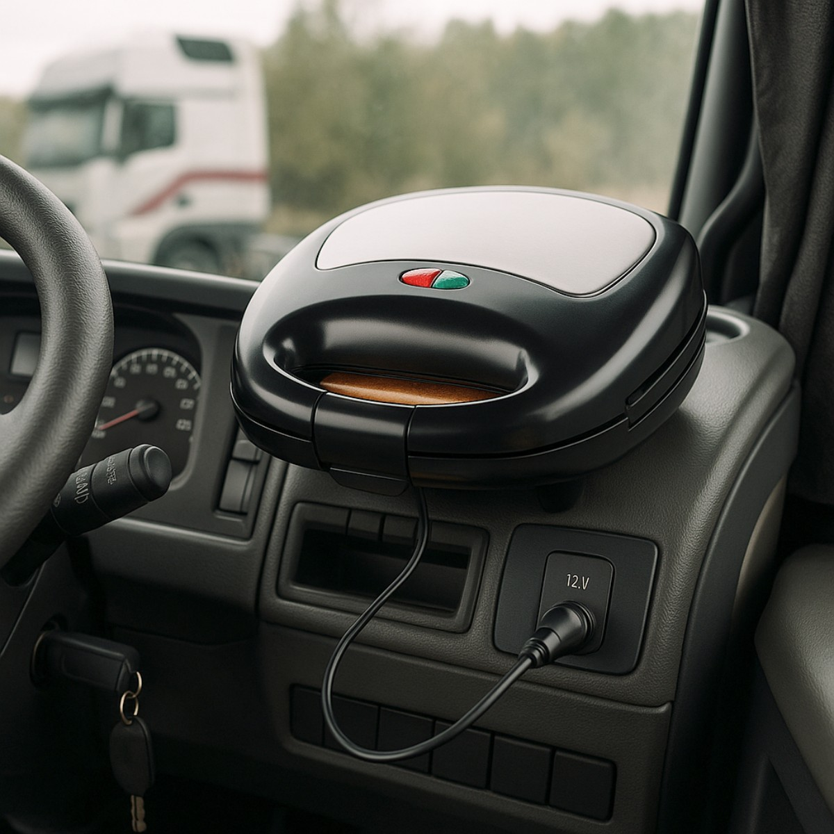 Une machine à sandwich est utilisée dans la cabine d'un camion, branchée sur une prise 12V.