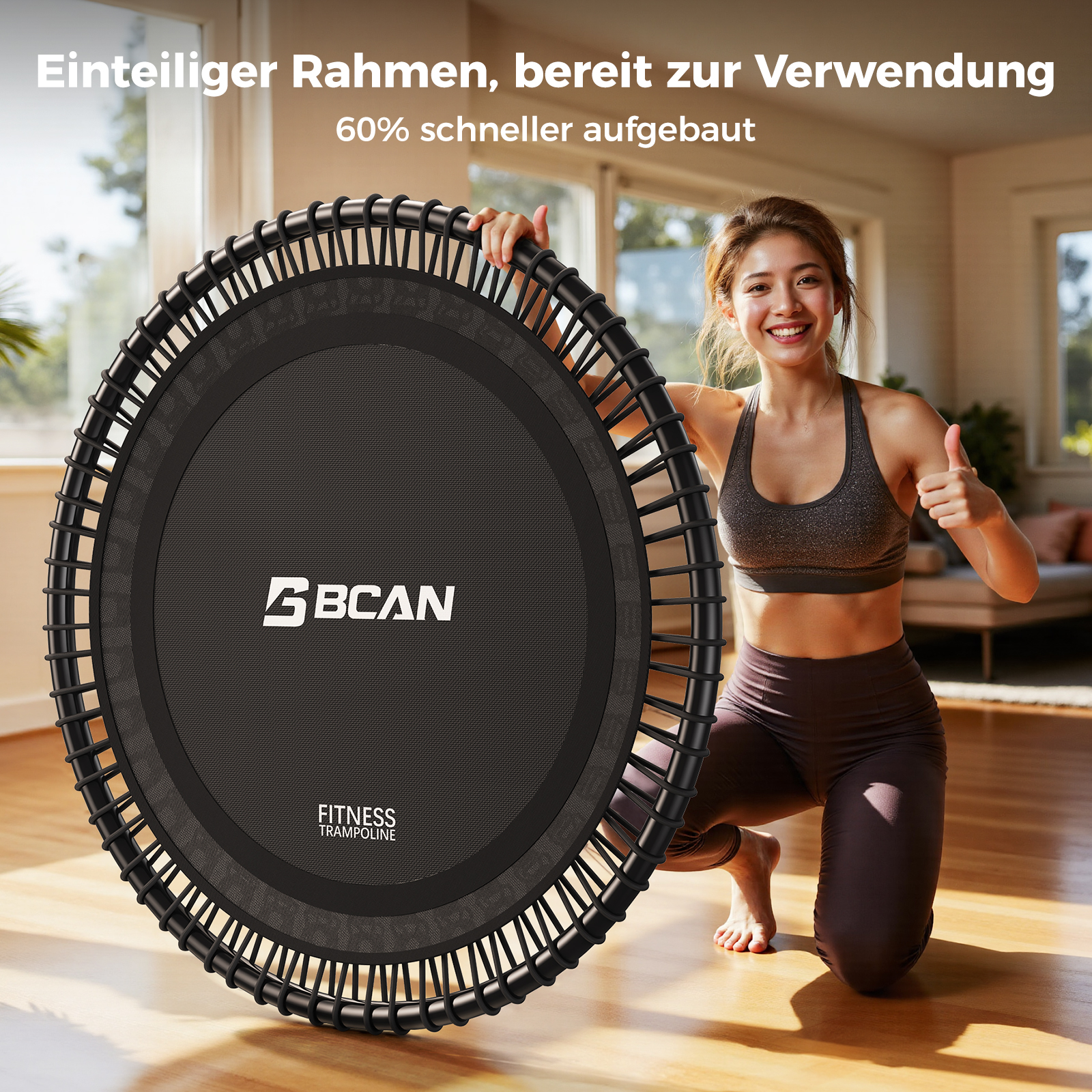 Frau gibt Daumen hoch neben schwarzem Fitness-Trampolin mit BCAN-Logo.