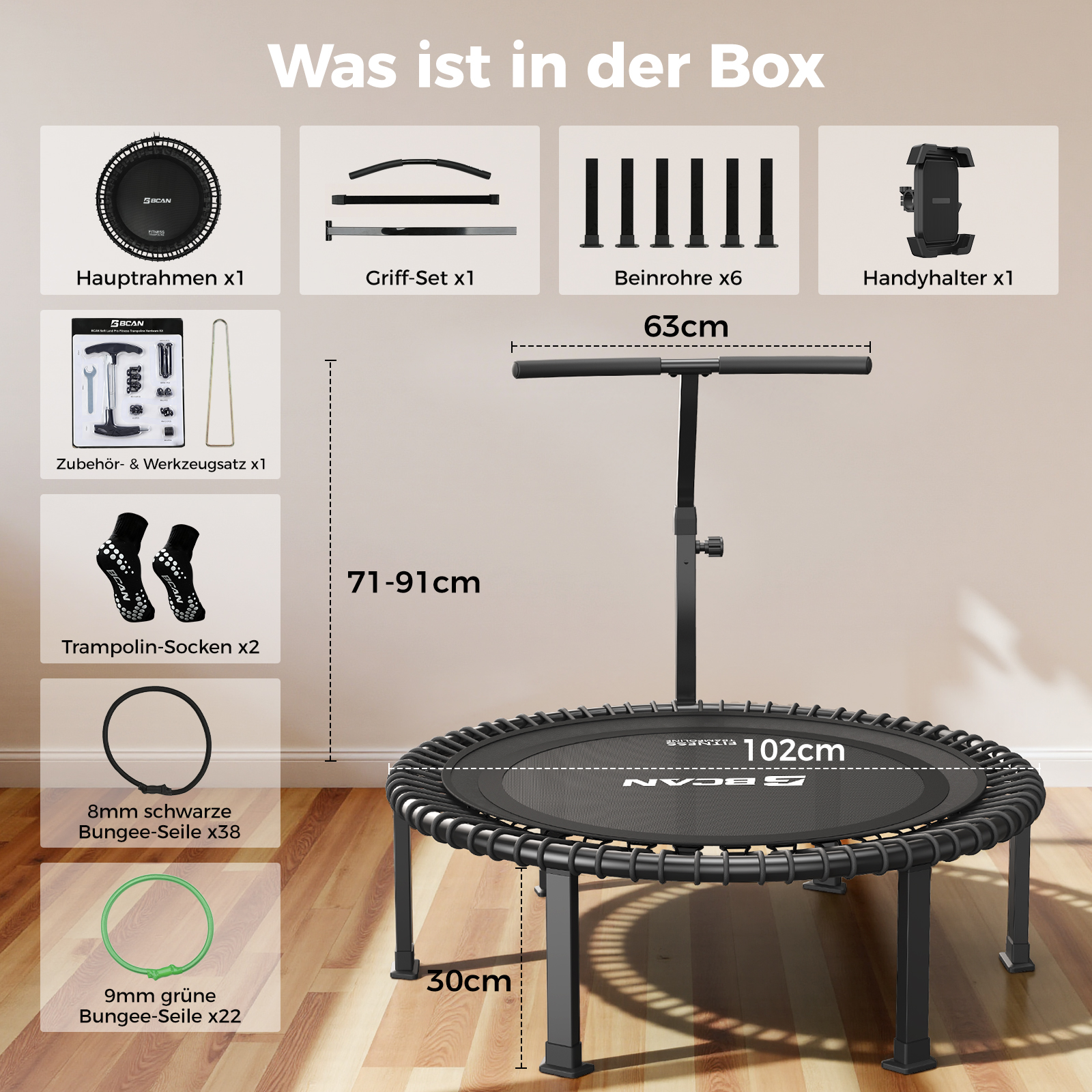 Ein Produktbild eines schwarzen Trampolins mit Griff, das verschiedene Teile und deren Abmessungen auf hellem Hintergrund zeigt.