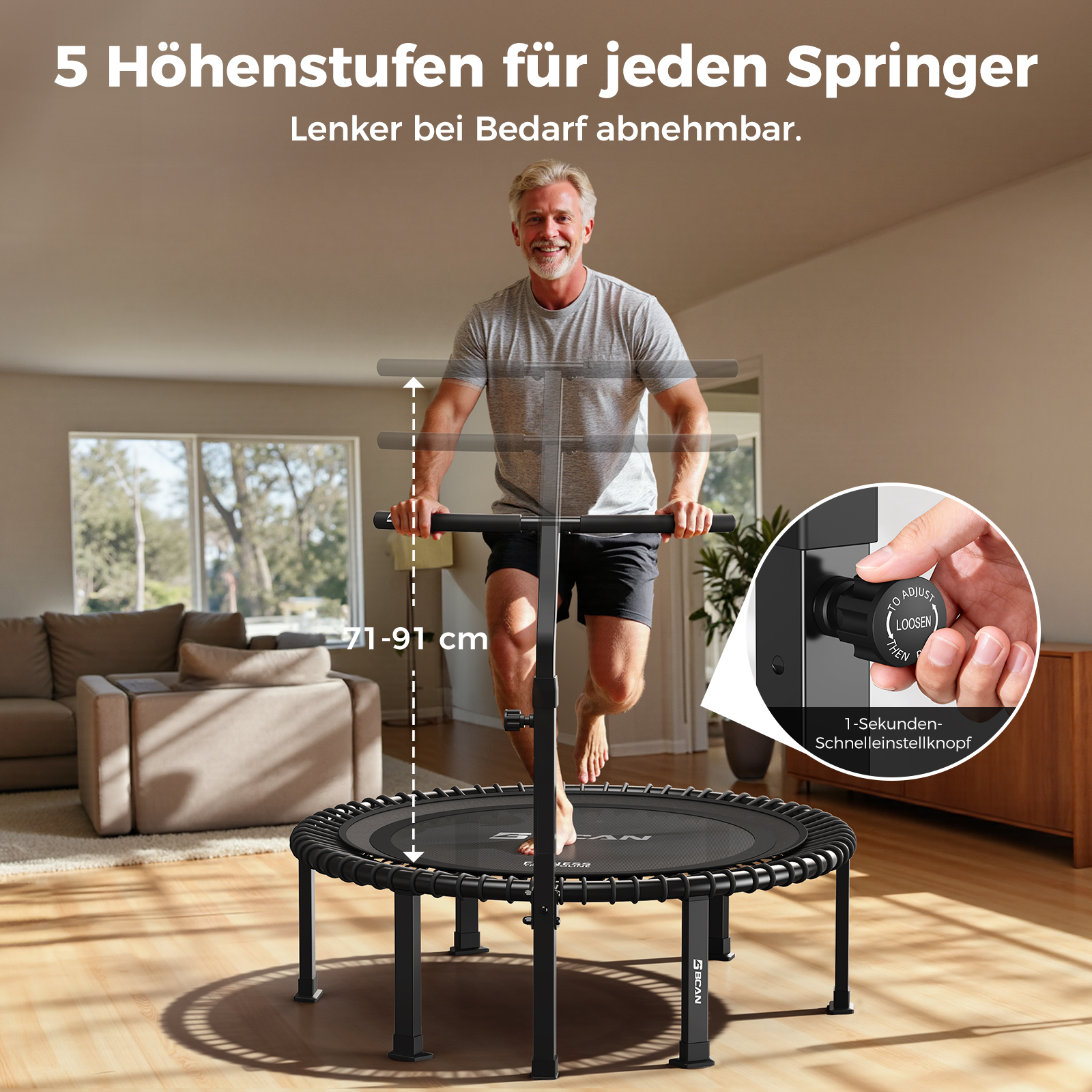 Ein Mann springt auf einem Trampolin mit verstellbarem Griff. Höhe 71-91 cm.