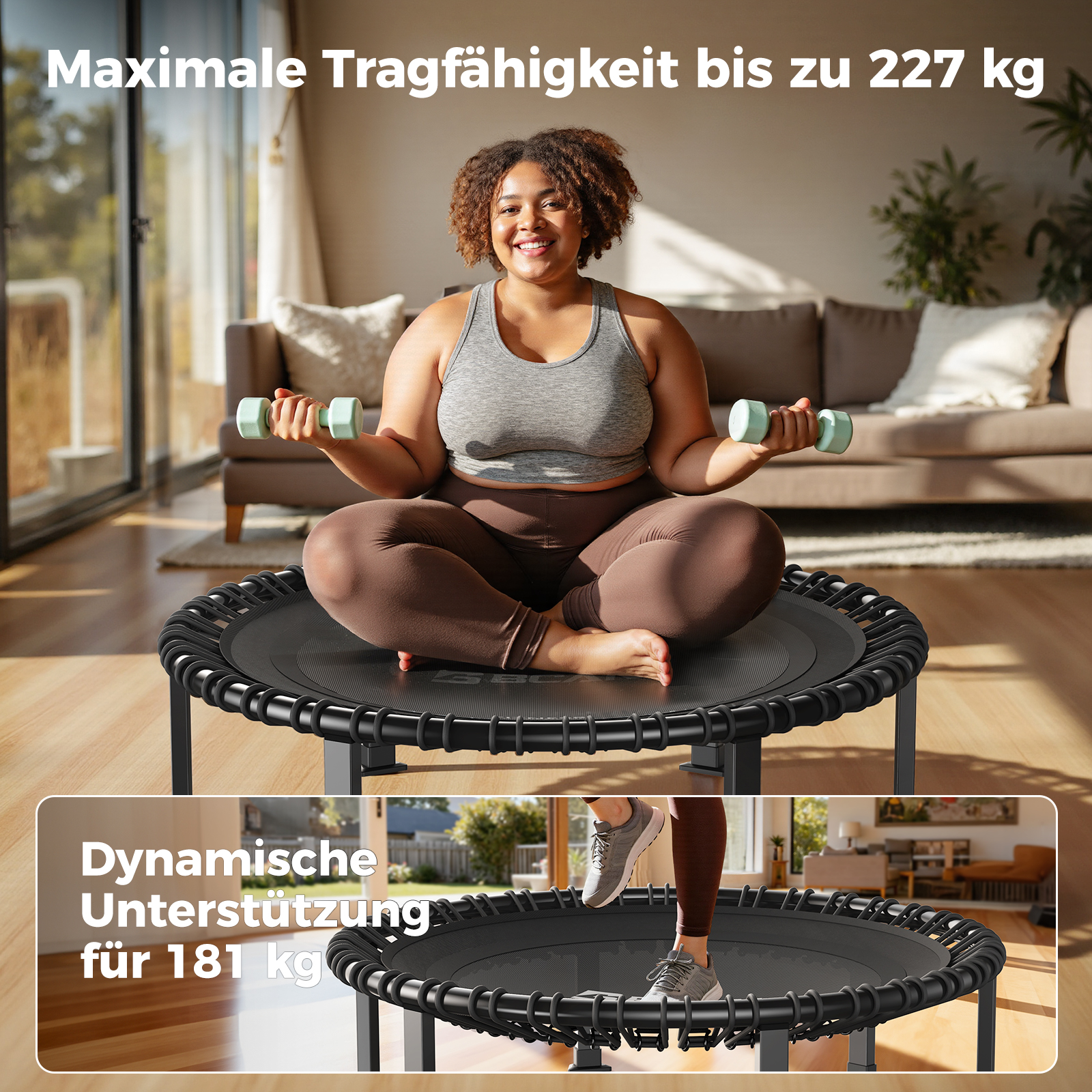 Frau sitzt auf einem Trampolin und hebt Hanteln. Unten: Beine auf einem Trampolin.