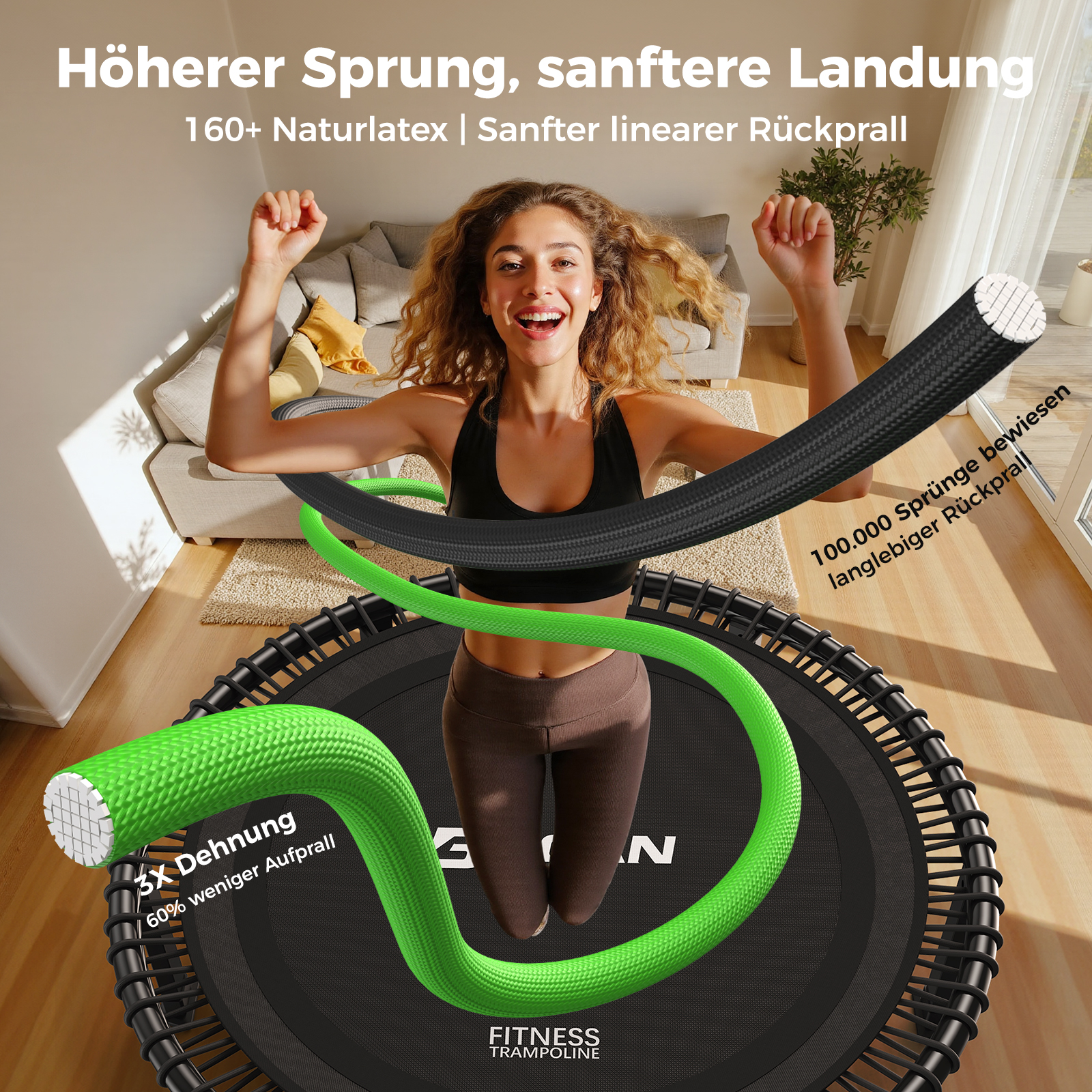 Eine Frau springt auf einem Trampolin mit grünen und schwarzen Bändern.