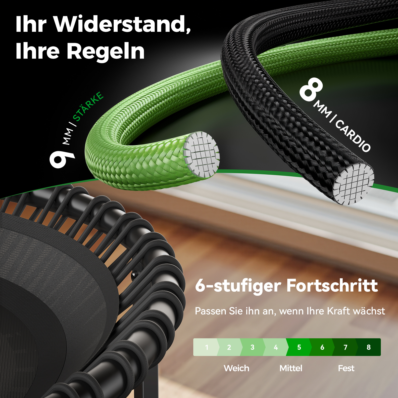 Grünes und schwarzes Widerstandsband mit 9mm und 8mm Durchmesser. Trampolin-Detail.