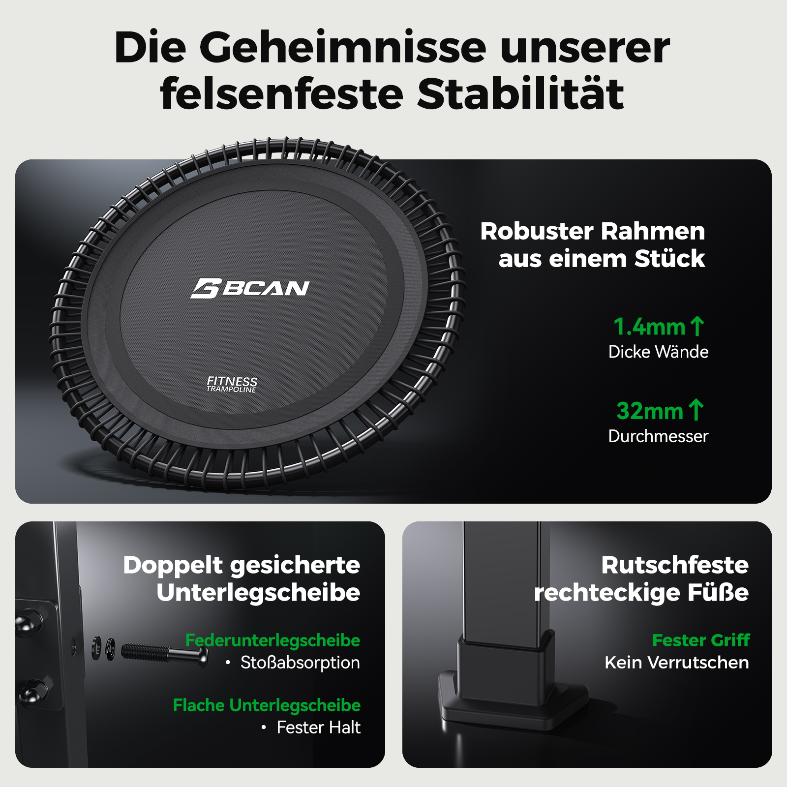 Fitness-Trampolin mit robustem Rahmen, Stoßabsorption und rutschfesten Füßen.