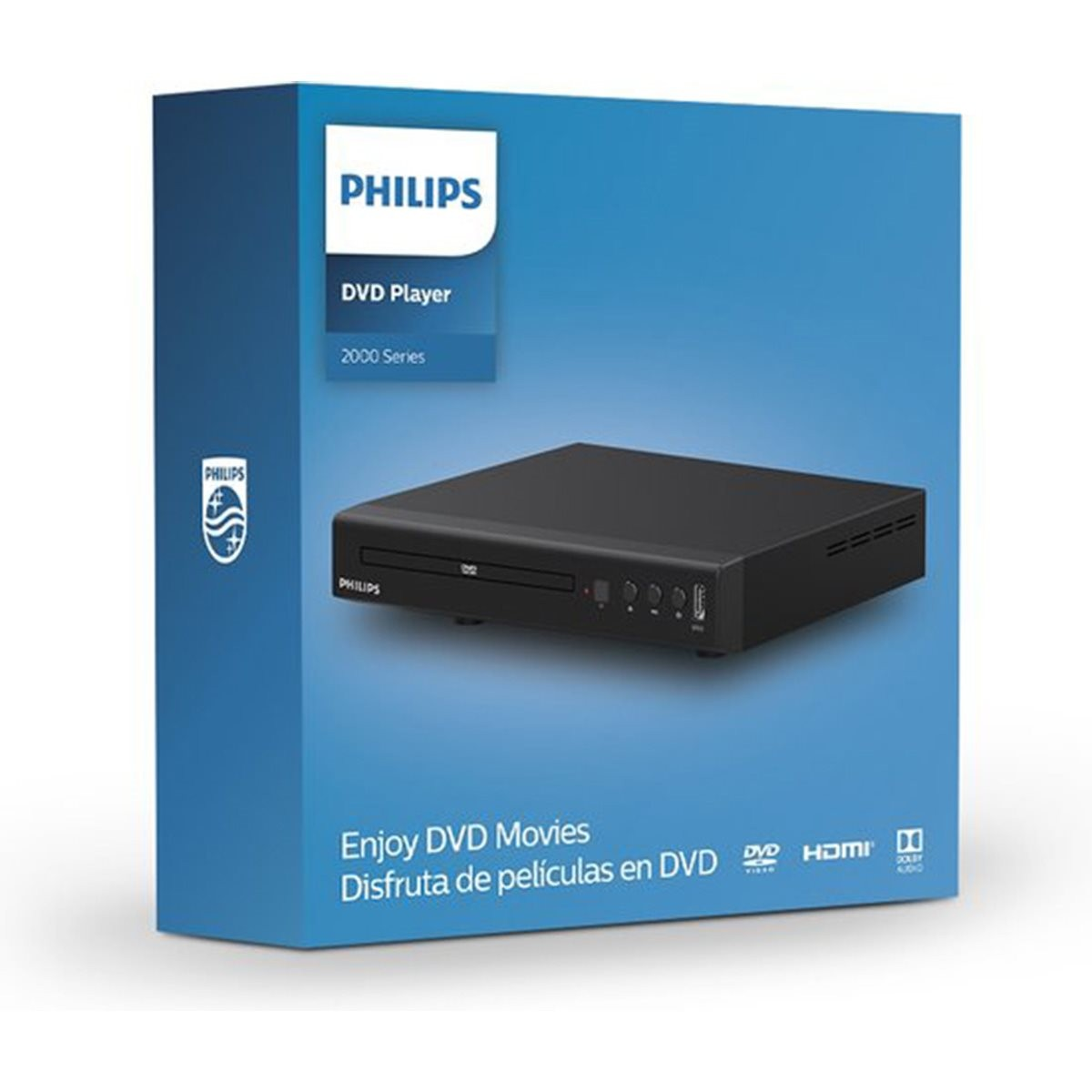 Lecteur DVD Philips noir série 2000 sur une boîte bleue.
