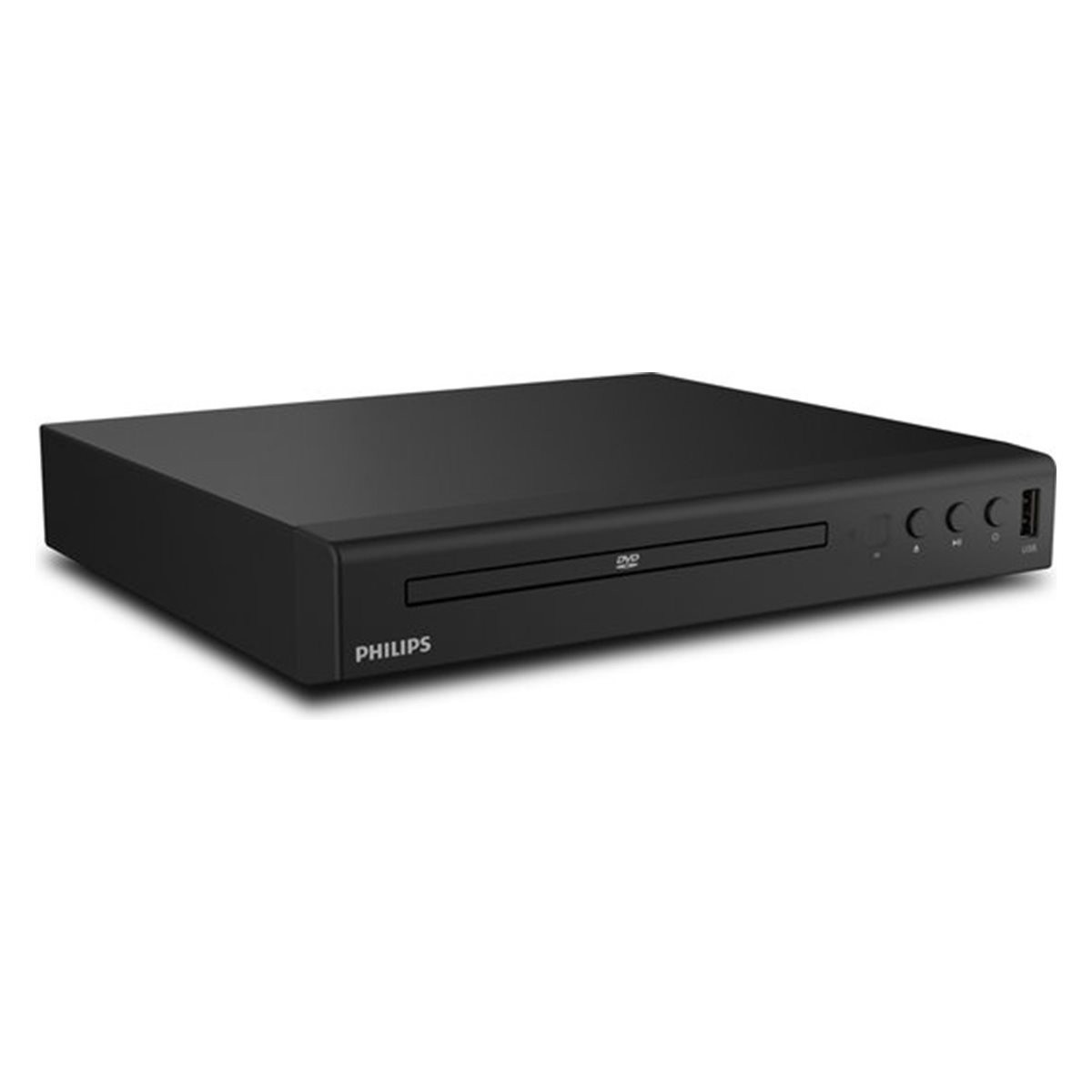 Lecteur DVD Philips noir avec port USB et voyants.