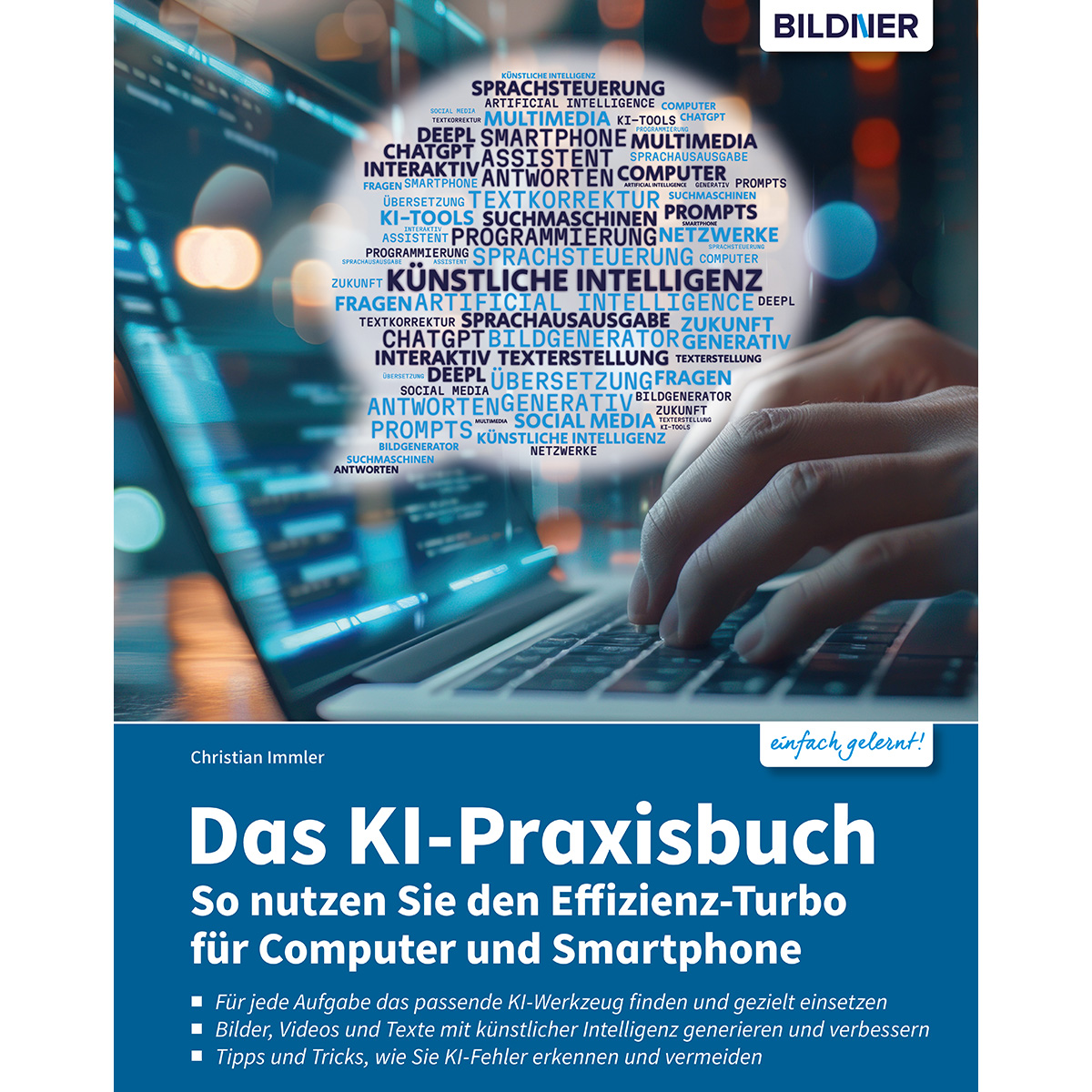 Eine Person tippt auf einem Laptop, mit einer Wortwolke von KI-Begriffen darüber und dem Buchtitel 