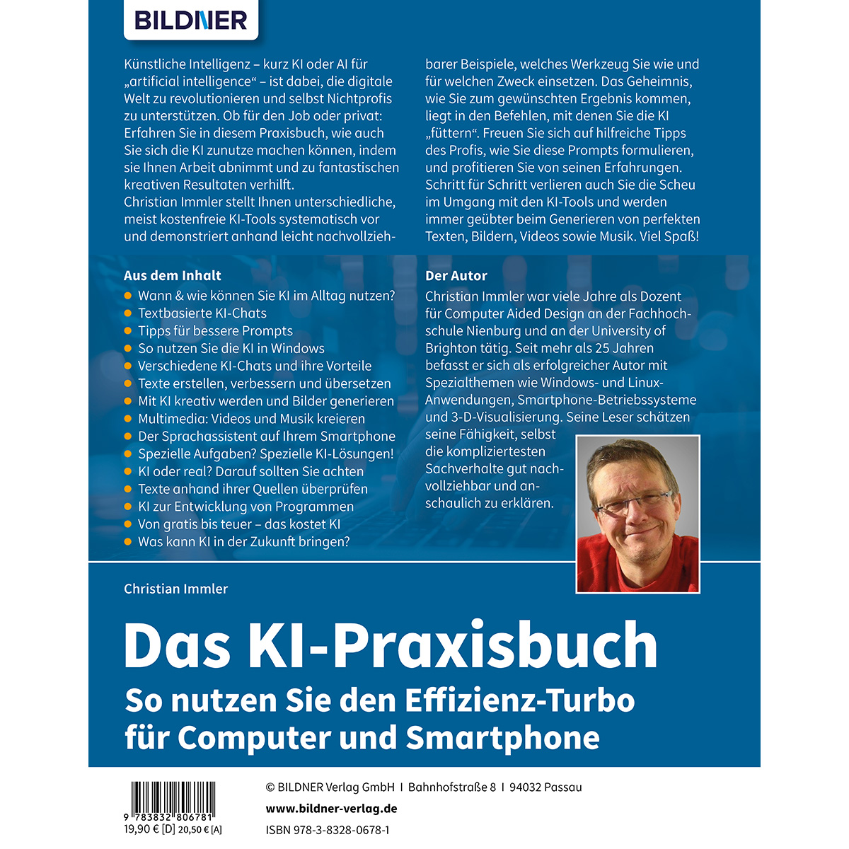 Buchcover: 'Das KI-Praxisbuch' mit Autor Christian Immler lächelnd.