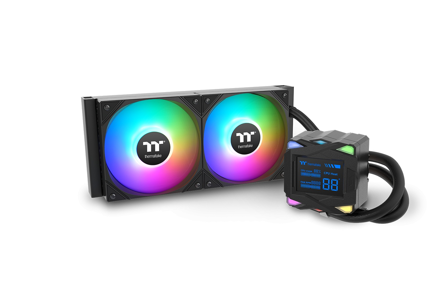 Un dissipatore per CPU per computer nero con due ventole RGB arcobaleno e display digitale.