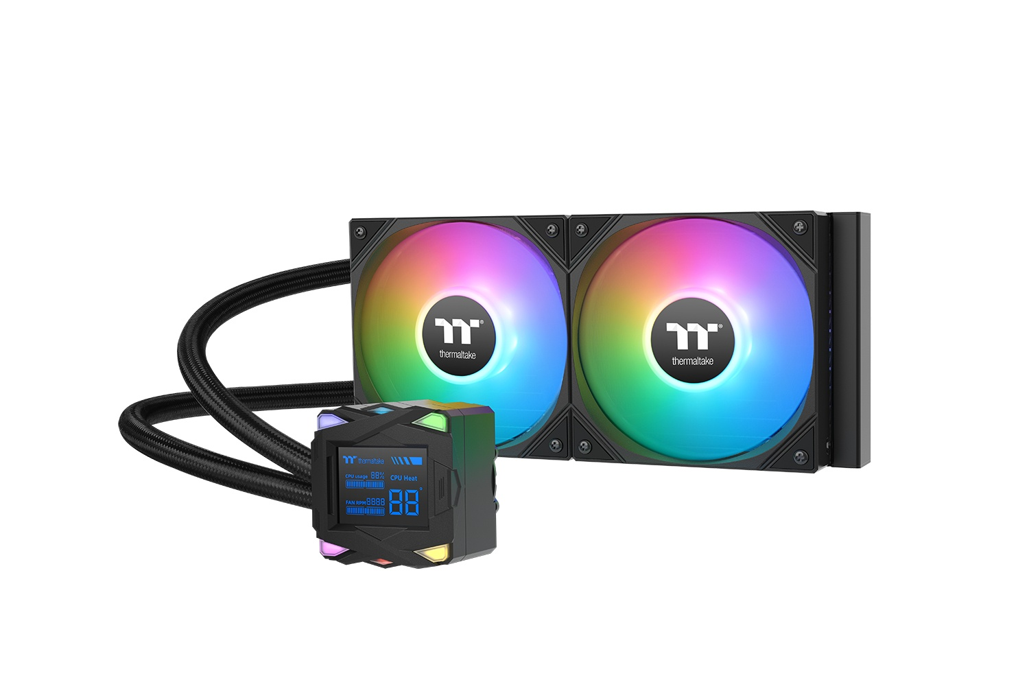 Un dissipatore per CPU con due ventole RGB e un display digitale.