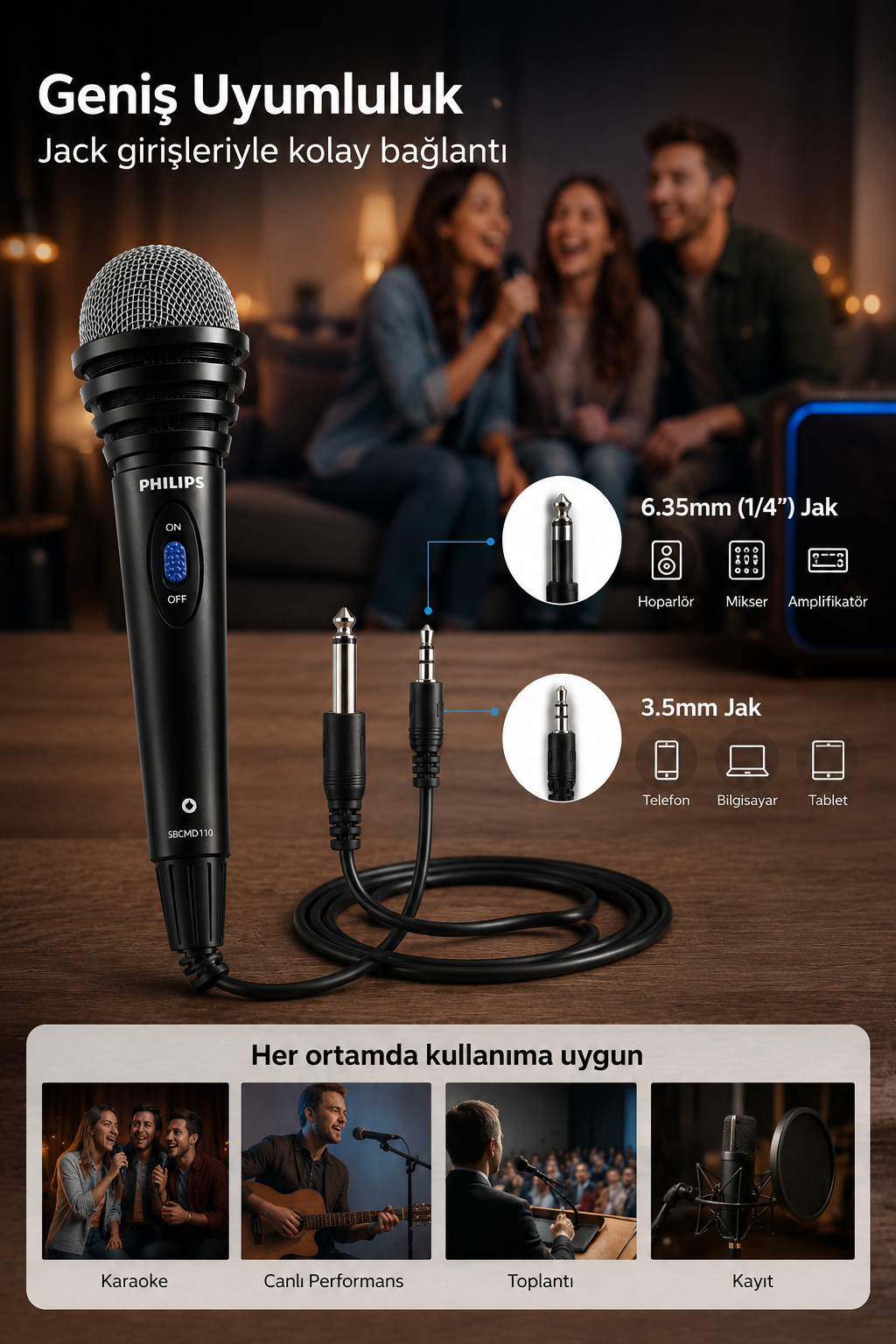 Siyah Philips mikrofon, kablolu ve çeşitli cihazlara uygun farklı konektörlü.