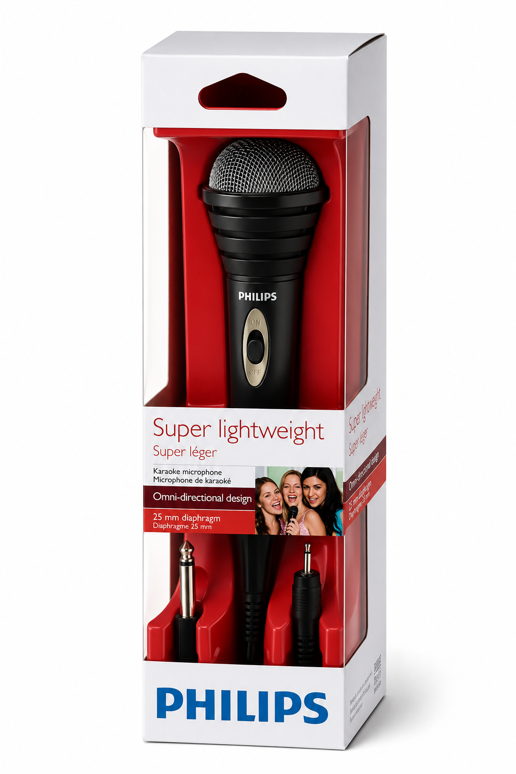 Siyah Philips karaoke mikrofonu, aksesuarlar ve resimlerle birlikte.