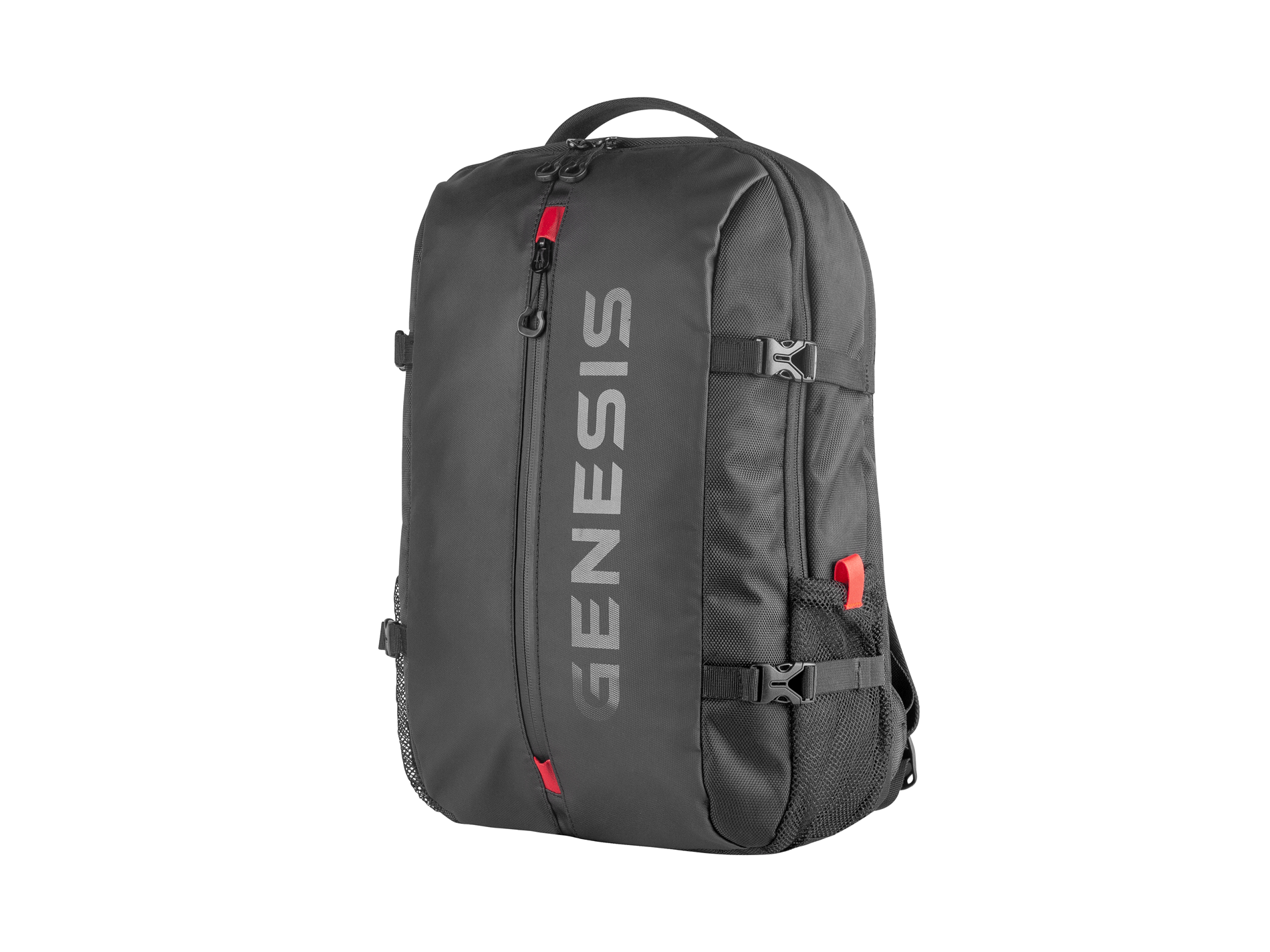 Uno zaino nero con accenti rossi e logo GENESIS.