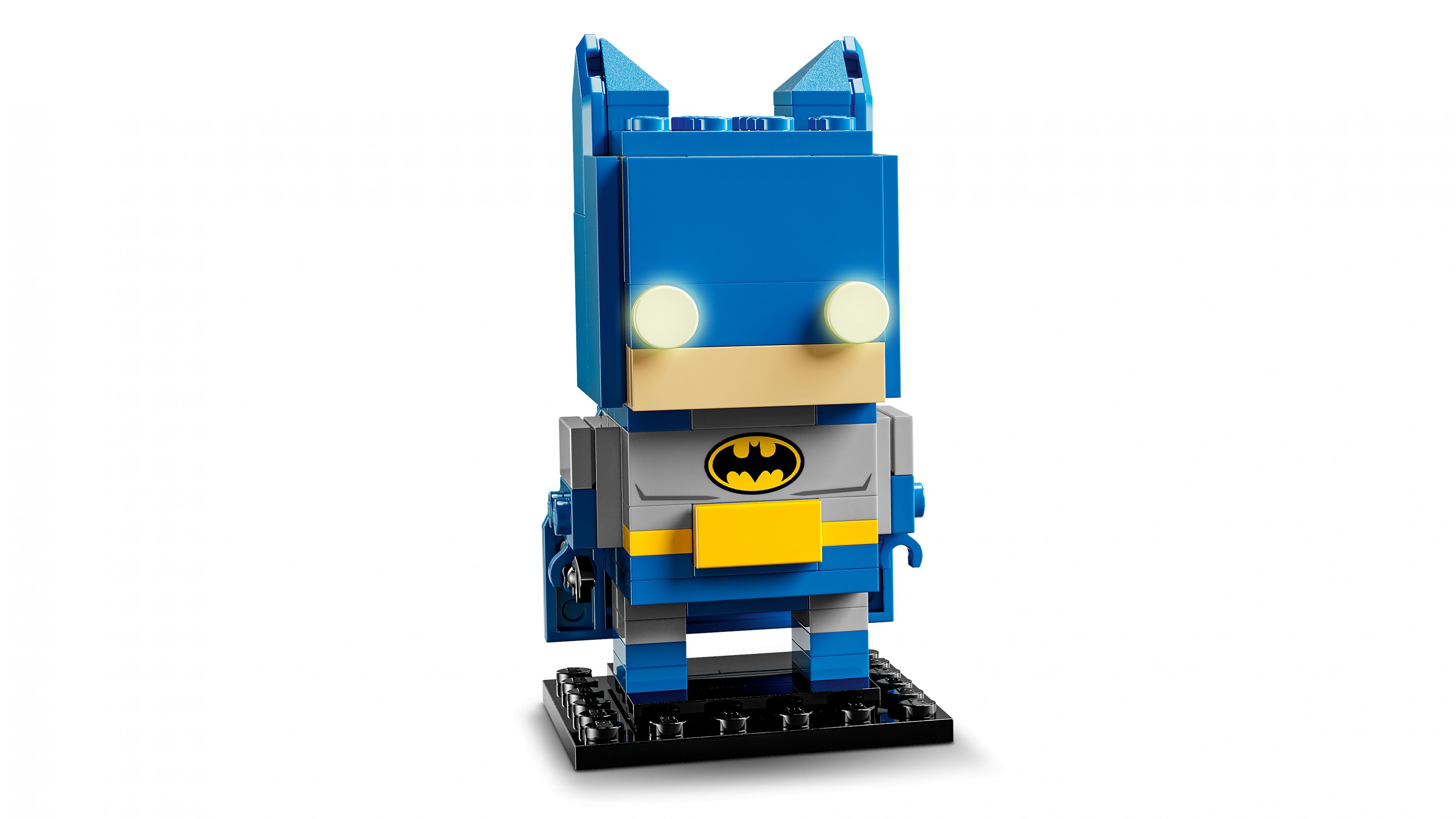 Batman Lego blu con luci gialle e simbolo Batman su torso grigio.