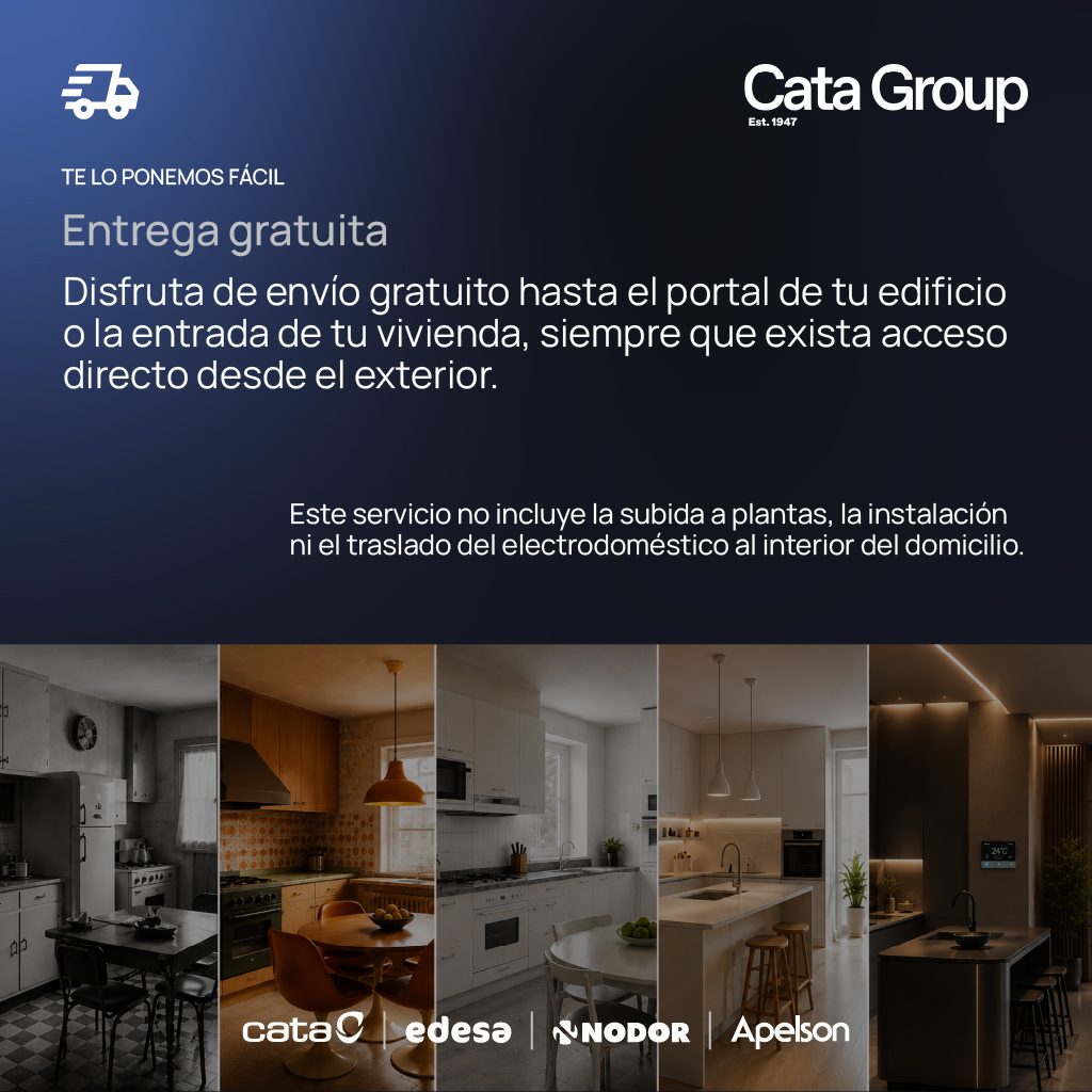 Cata Group: Entrega gratuita hasta la entrada del edificio. Se muestran varias cocinas.
