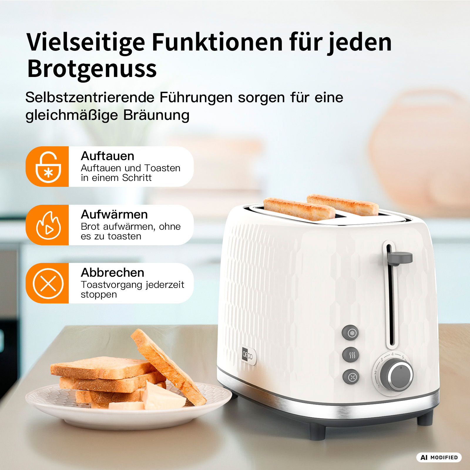 Ein weißer Toaster mit Toast und Butter auf einem Teller daneben.