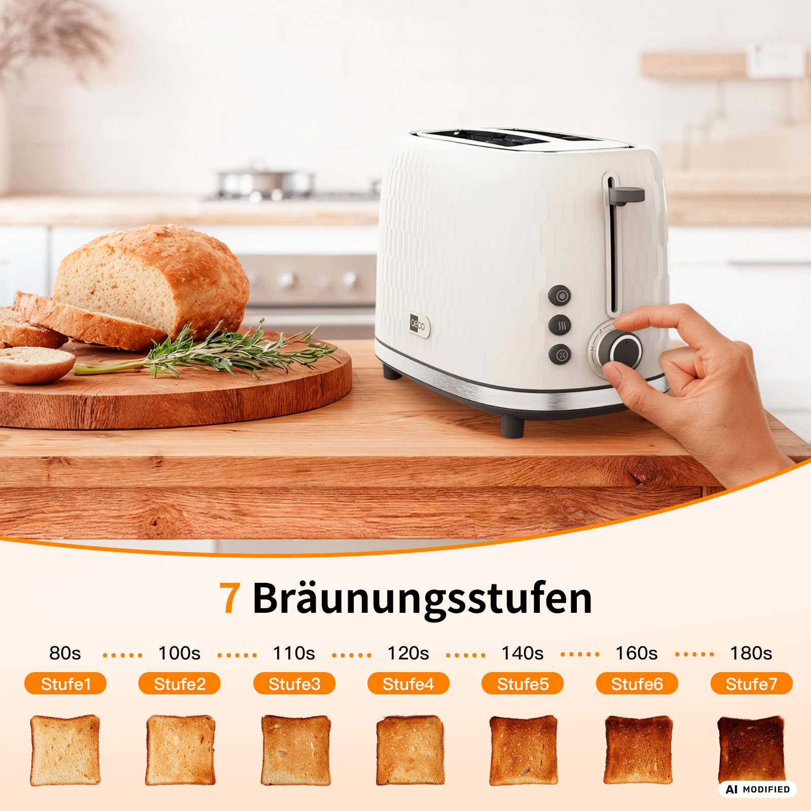 Ein weißer Toaster mit einem Brot auf einem Holzbrett daneben. Sieben Toasts zeigen Bräunungsstufen.