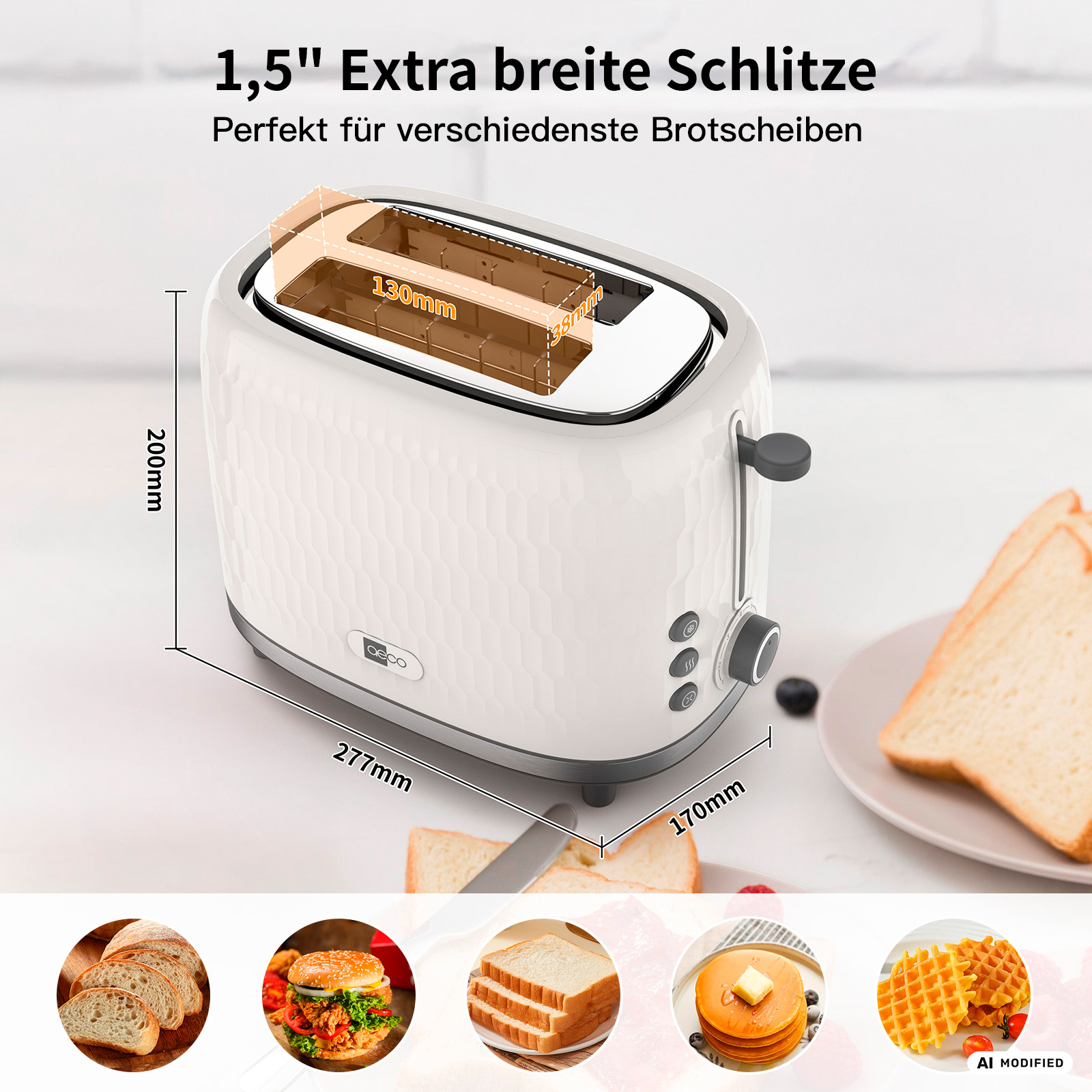 Weißer Toaster mit breiten Schlitzen, Maße 27,7x17x20cm. Daneben Brot.