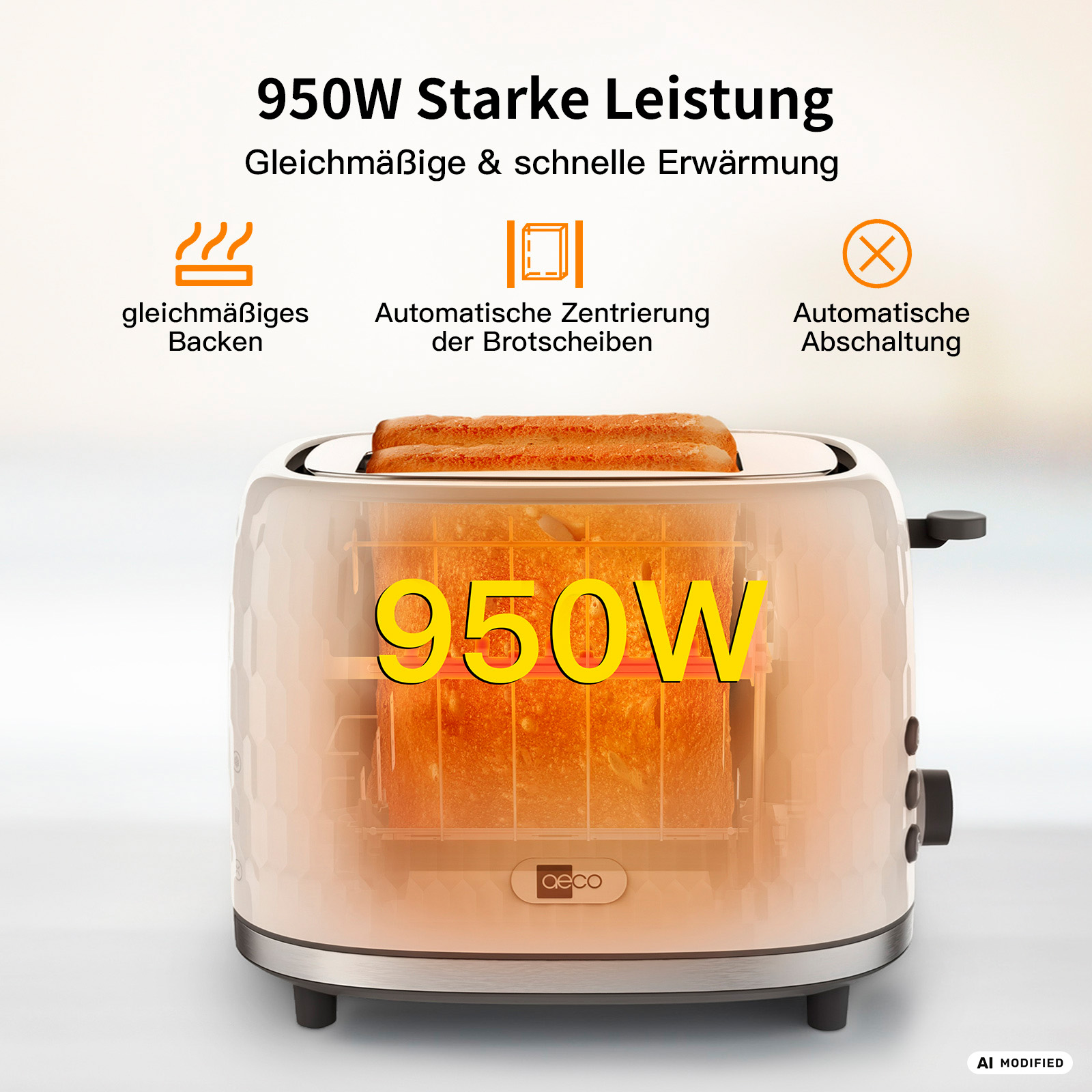 Ein weißer Toaster mit drei Brotscheiben, 950W Leistung wird angezeigt.